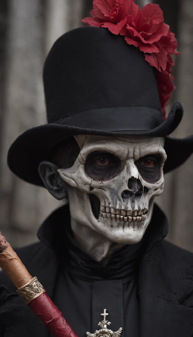 a skull-man, he is dressing a black cape and smoking a cigar, he wears a hat, he is classy, the background is a cemetery with bats and red candles, all the colors are black and red