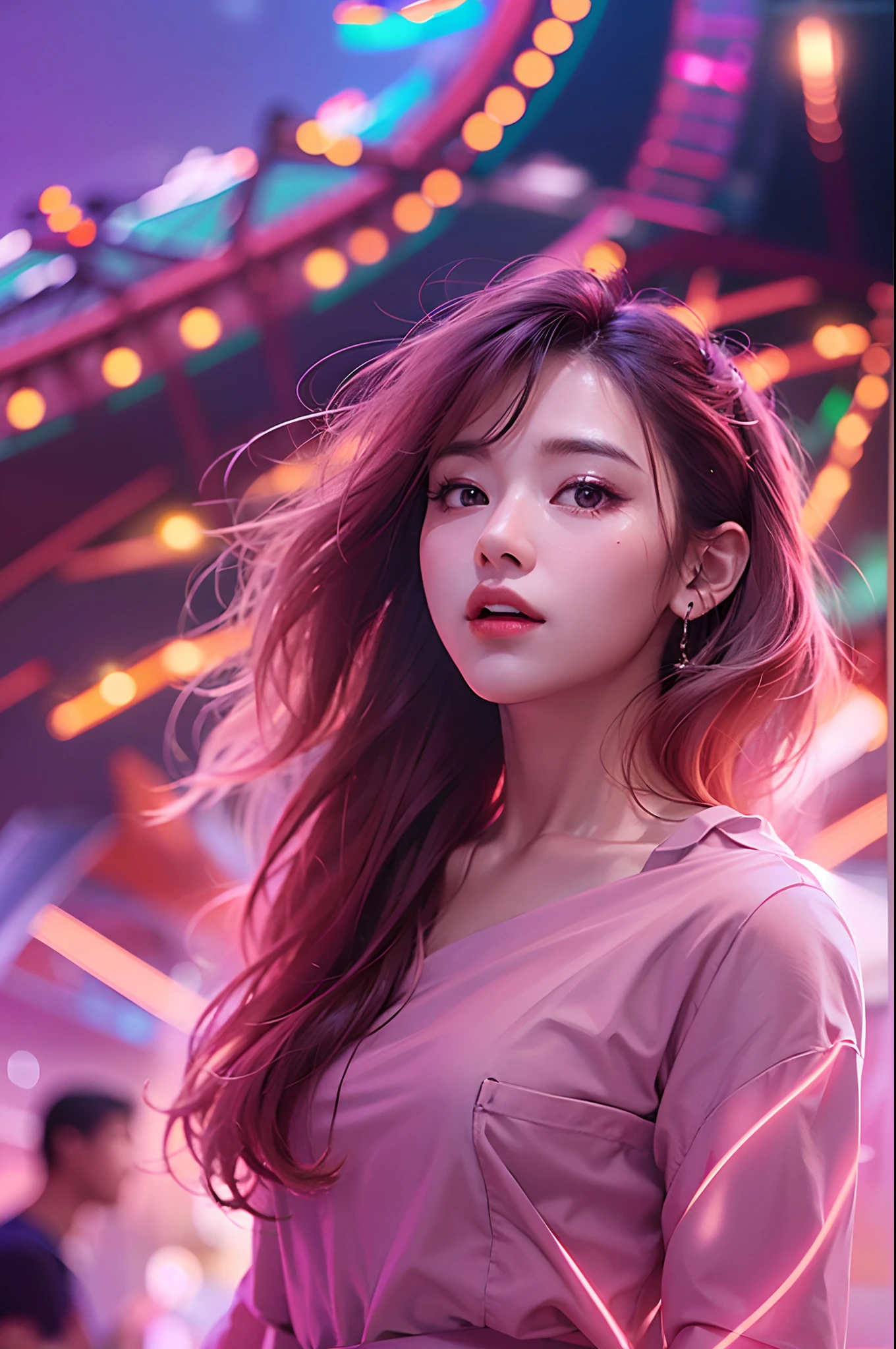 1girl, super beautiful girl, dream girl, wearing pink, ulzzang, dancing, in the background a concert in an amusement park, lightning in the sky, ultra details, ultra realistic, cinematic , octane render, 16k