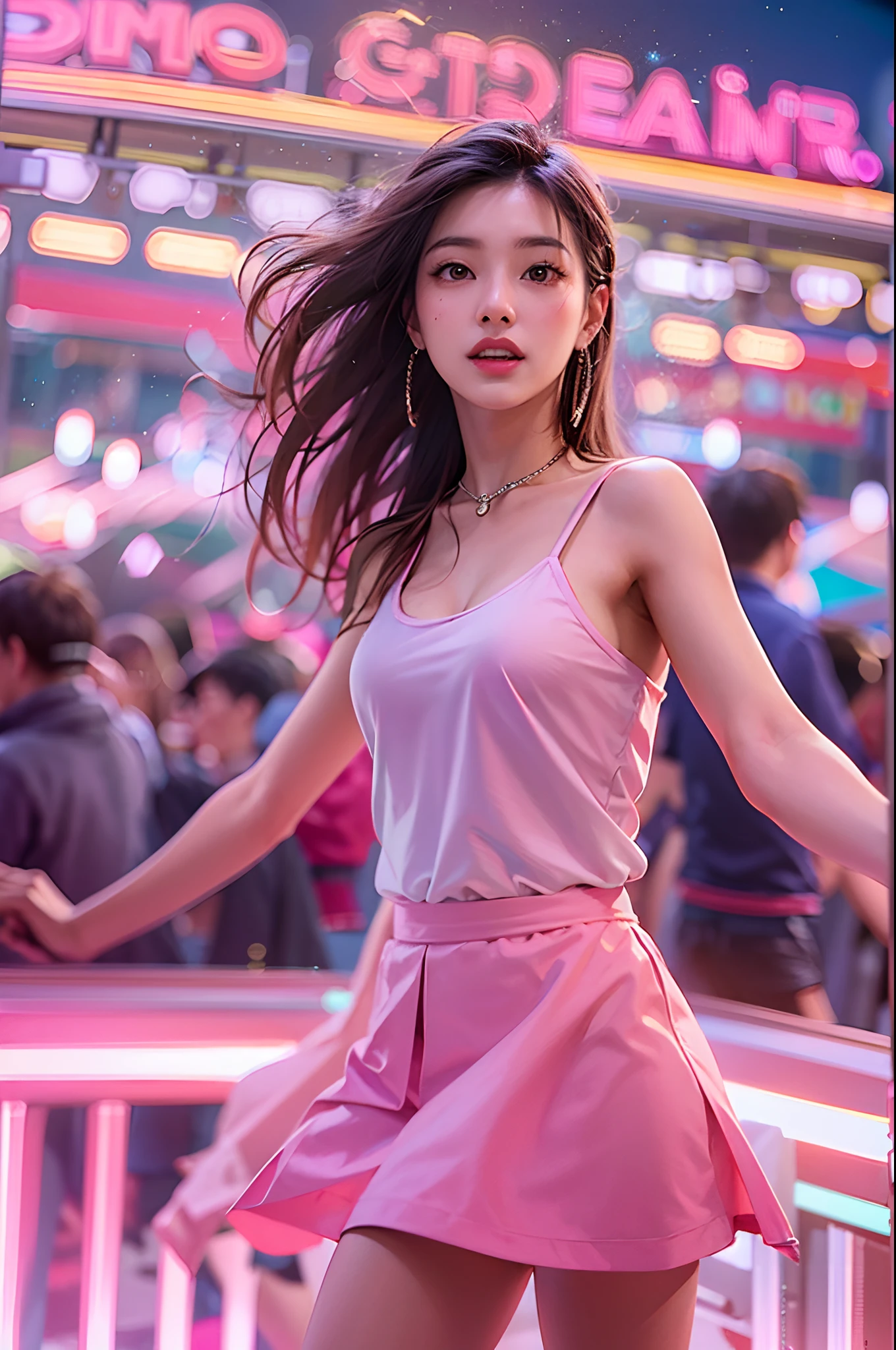 1girl, super beautiful girl, dream girl, wearing pink, ulzzang, dancing, in the background a concert in an amusement park, lightning in the sky, ultra details, ultra realistic, cinematic , octane render, 16k