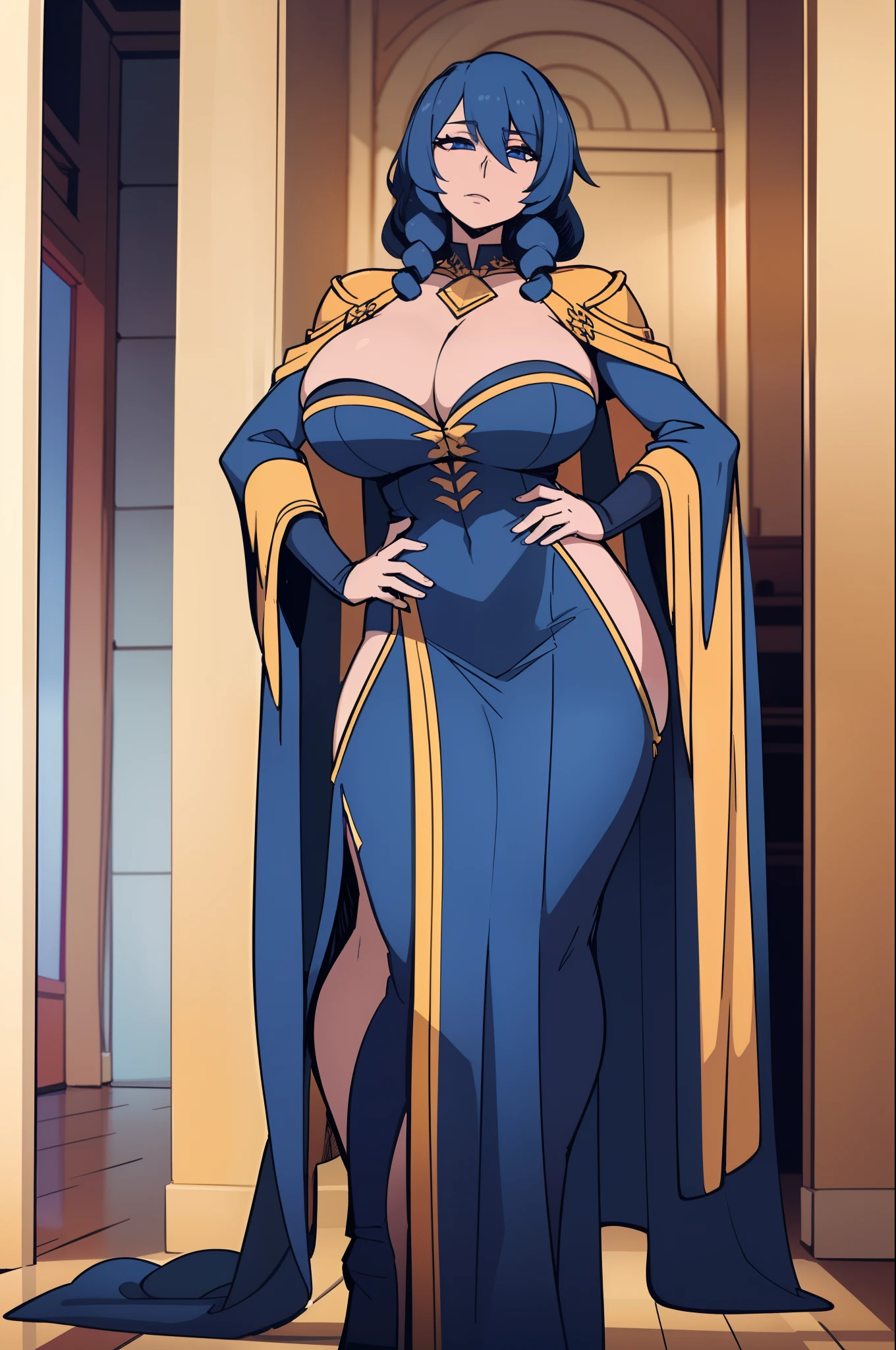 SFW, (long curly (sapphire blue hair) female), huge breasts, Firm Breasts, Beautiful Breasts, slim figure, ((wizard costume))