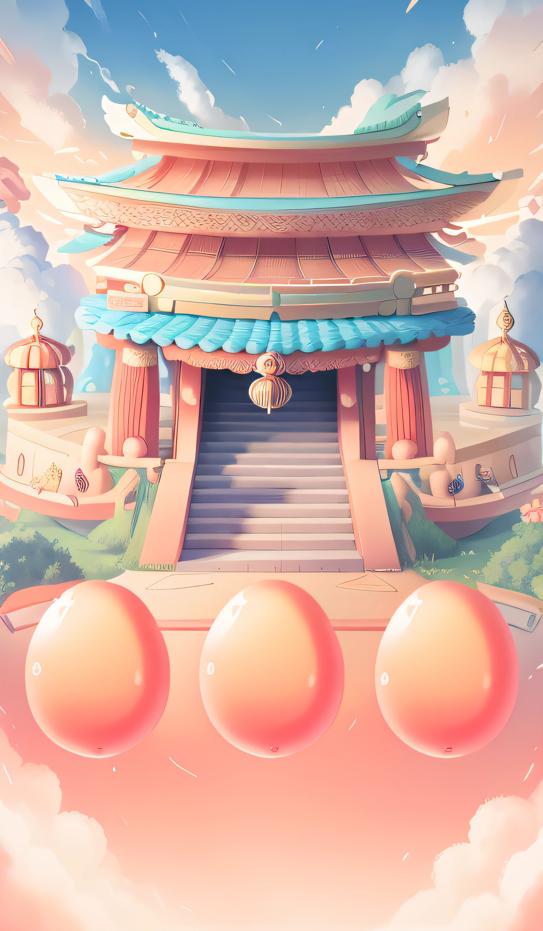 The red stage is in the middle,3 golden eggs,Surrounded by auspicious clouds,New Year atmosphere,The Gate of China,pillar,Background bokeh,ancient buildings of China,Greenery,blue-sky