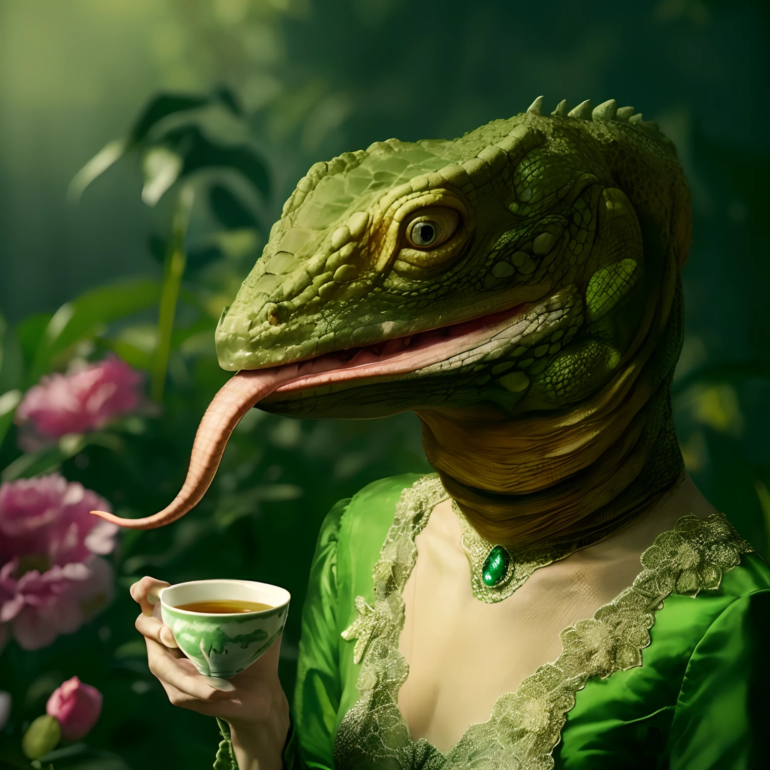 there is a woman with a green dress holding a cup and a lizard, snake-face lady, lizard person, hot reptile humanoid woman, reptilian, drinking tea, lizardfolk, anthropomorphic alligator, reptile face, reptilian warrior, anthro lizard, inspired by Dino Valls, pastry lizard, fleshy creature above her mouth