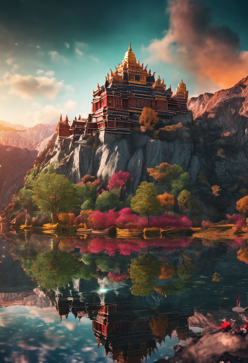 (Light magic:1.2), (Grim:1.1) forest, springtime,Potala Palace, Lhasa, (Intricate details), A mirror-like lake,(ultra - detailed), 8k hdr, high detal, A lot of detail, High quality,Tyndall effect, (Colored:1.3)