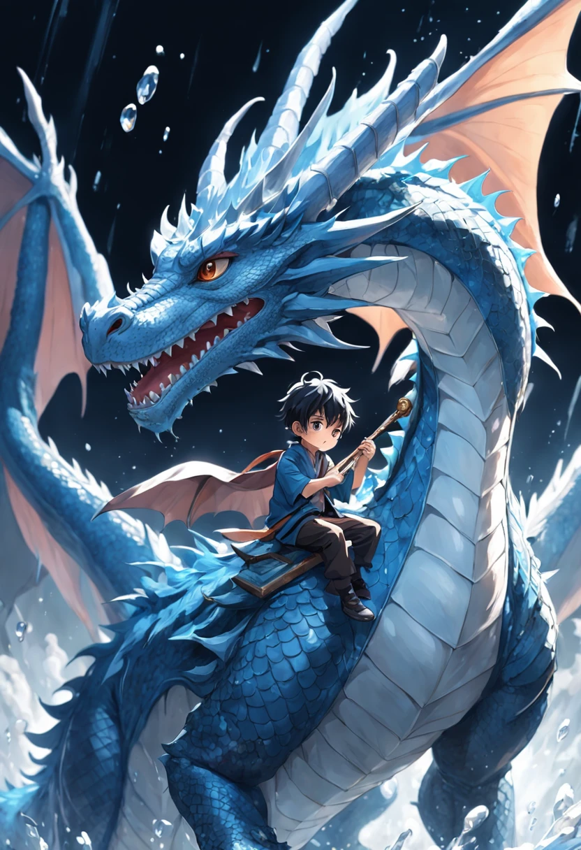 （Handsome boy riding a dragon），Play the flute with your eyes closed，Blue Ice Dragon，corrugation，Water droplets fill with air，Cloud effects：1.5,Elongated dragon body，Faraway view，super detailing，best qualtiy，tmasterpiece，8K，Extremely detailed，Epic artwork