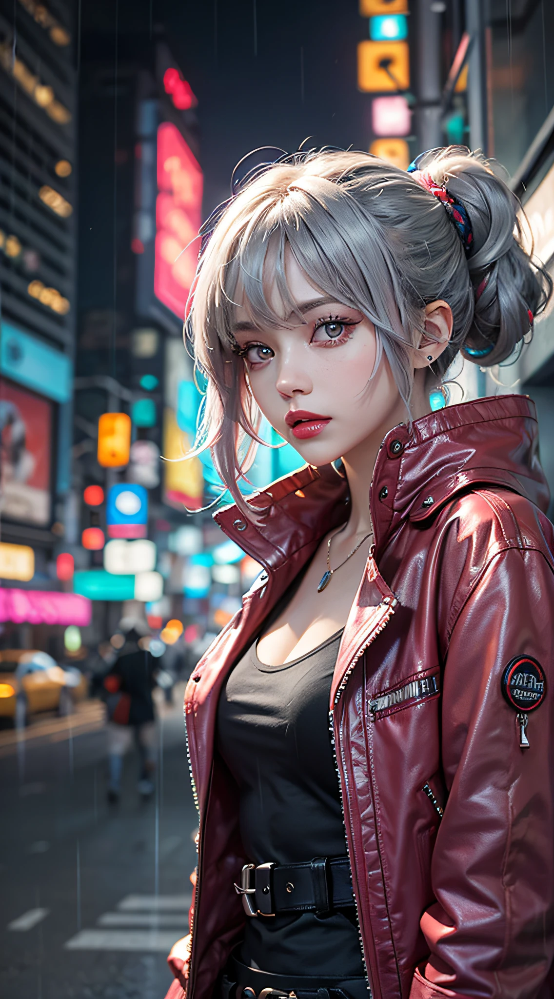 lucy \(cyberpunk\), 1girl, hair scrunchie, hime cut, silver hair, colored tips, full moon, grey eyes, jacket, long sleeves, looking at viewer, medium hair, multicolored hair, parted bangs, parted lips, pink hair, portrait, red eyeliner, red lips, solo, white jacket, cyberpunk \(series\), rainy night in a cyberpunk city with glowing neon lights
