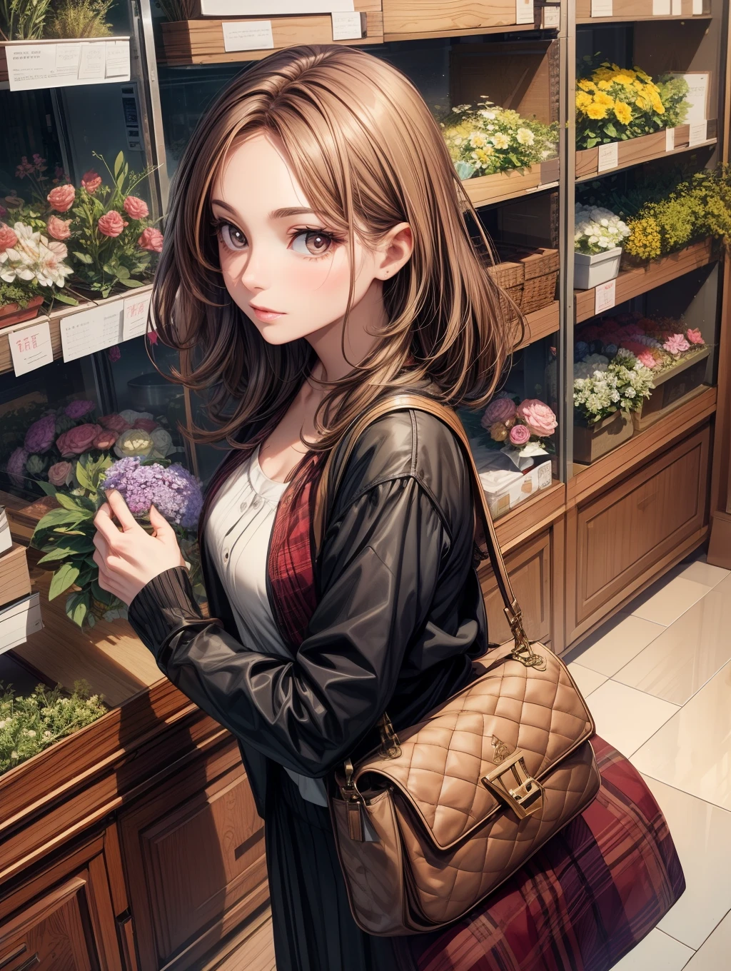 Best Quality, masutepiece, beautiful mature women、Beautiful face、Strong-minded woman、Florist clerk、brown haired、Brown-eyed、Medium Hair、s Office、Full body like、Undersized eyes