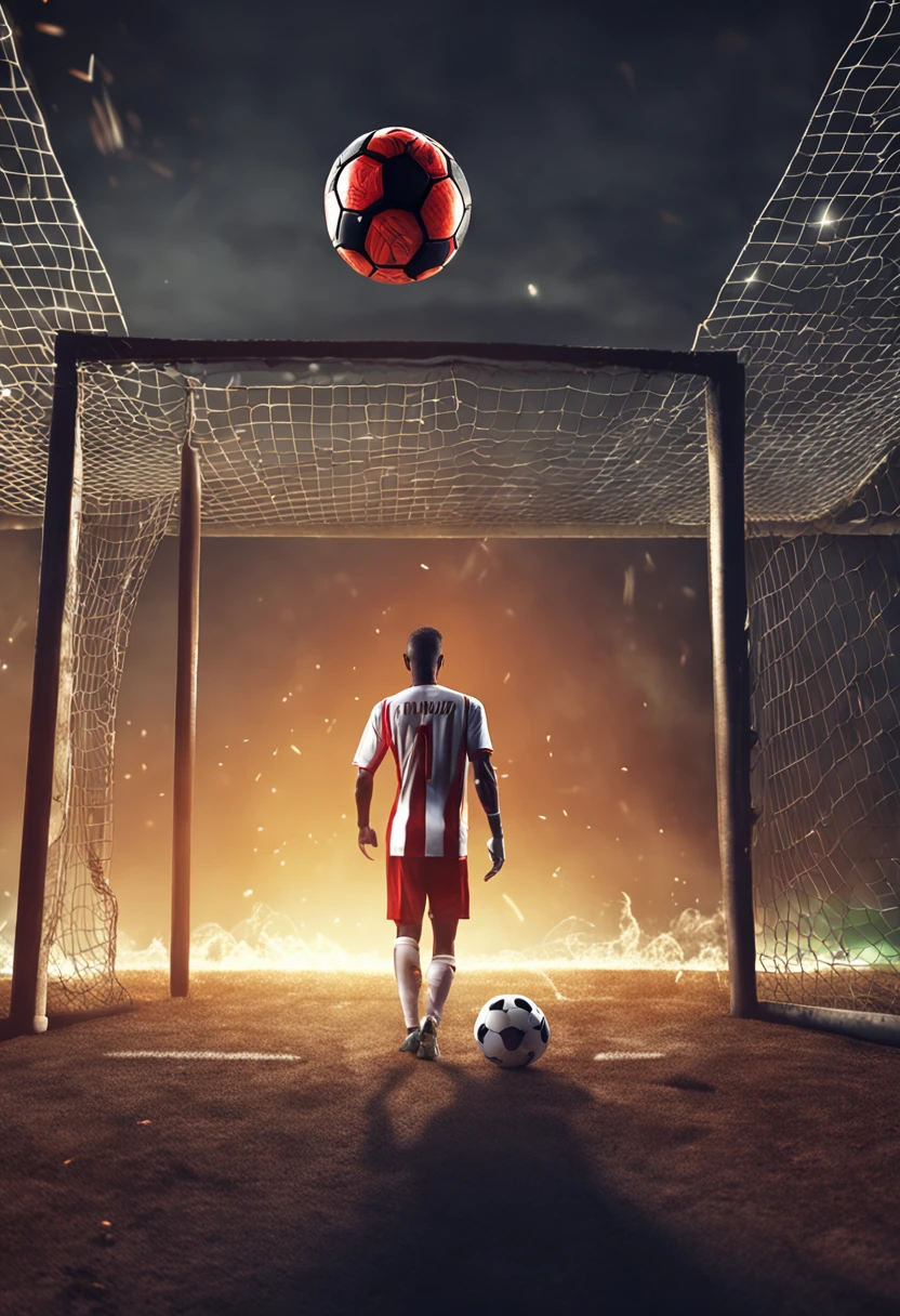 um jogador de futebol marcando um gol, com o goleiro caindo e a bola batendo na rede dentro do gol, , imagem fotorealista  ultra realista, com luz suave, pouco contrate de preto, cinelite