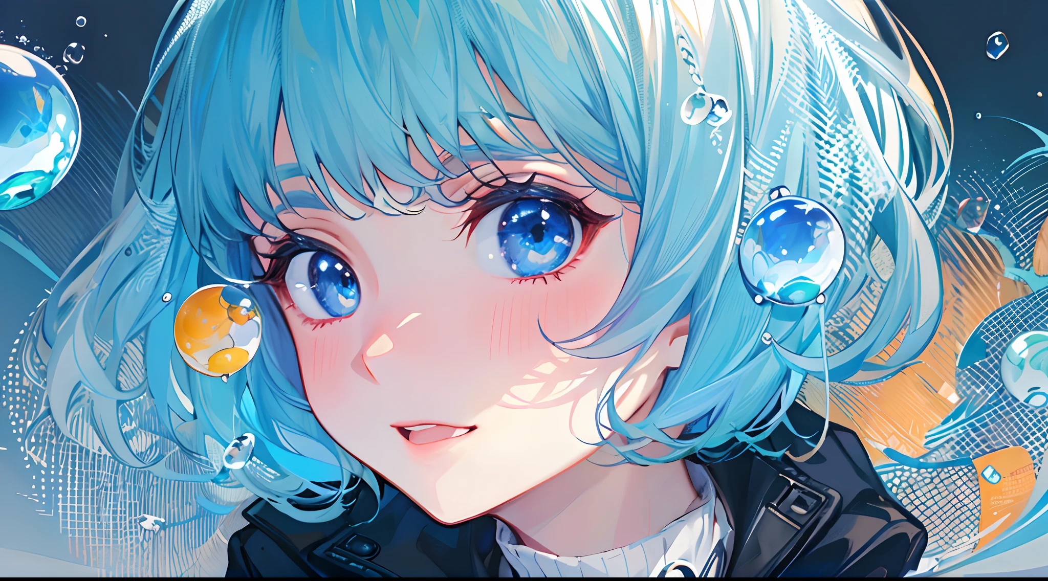 ((top-quality)), ((​masterpiece)), ((ultra-detailliert)), (extremely delicate and beautiful), girl with, 独奏, cold attitude,((Black jacket)),She is very(relax)with  the(Settled down)Looks,A dark-haired, depth of fields,evil smile,Bubble, under the water, Air bubble,bright light blue eyes,Inner color with light blue hair and dark blue tips,Cold background,Bob Hair - Linear Art, shortpants、knee high socks、White uniform like school uniform、Light blue ribbon ties、Clothes are sheer、Hands in pockets
