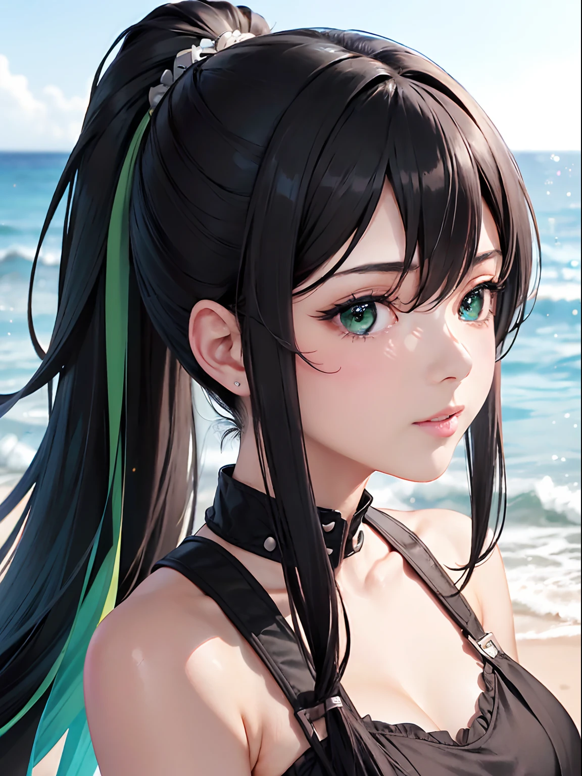 1 Lady, Face, (((1 Lady:1.37, Solo))), (((Extreme close-up of the face))), (Beautiful face, Cute face, Detailed face, ), BREAK, ((( Black hair, Semi-long hair, Hair pulled back, Wavy Hair. poneyTail))), (((Detailed beautiful green eyes,))), BREAK, (((Sunny))), (((in beach))), BREAK, blazing, Shiny skin, extremely detailed CG unified 8k wallpaper, very fine 8KCG wallpaper, (masterpiece, Best Quality), High resolution, Ultra-detailed, ultra-sharp, Cinematic lighting