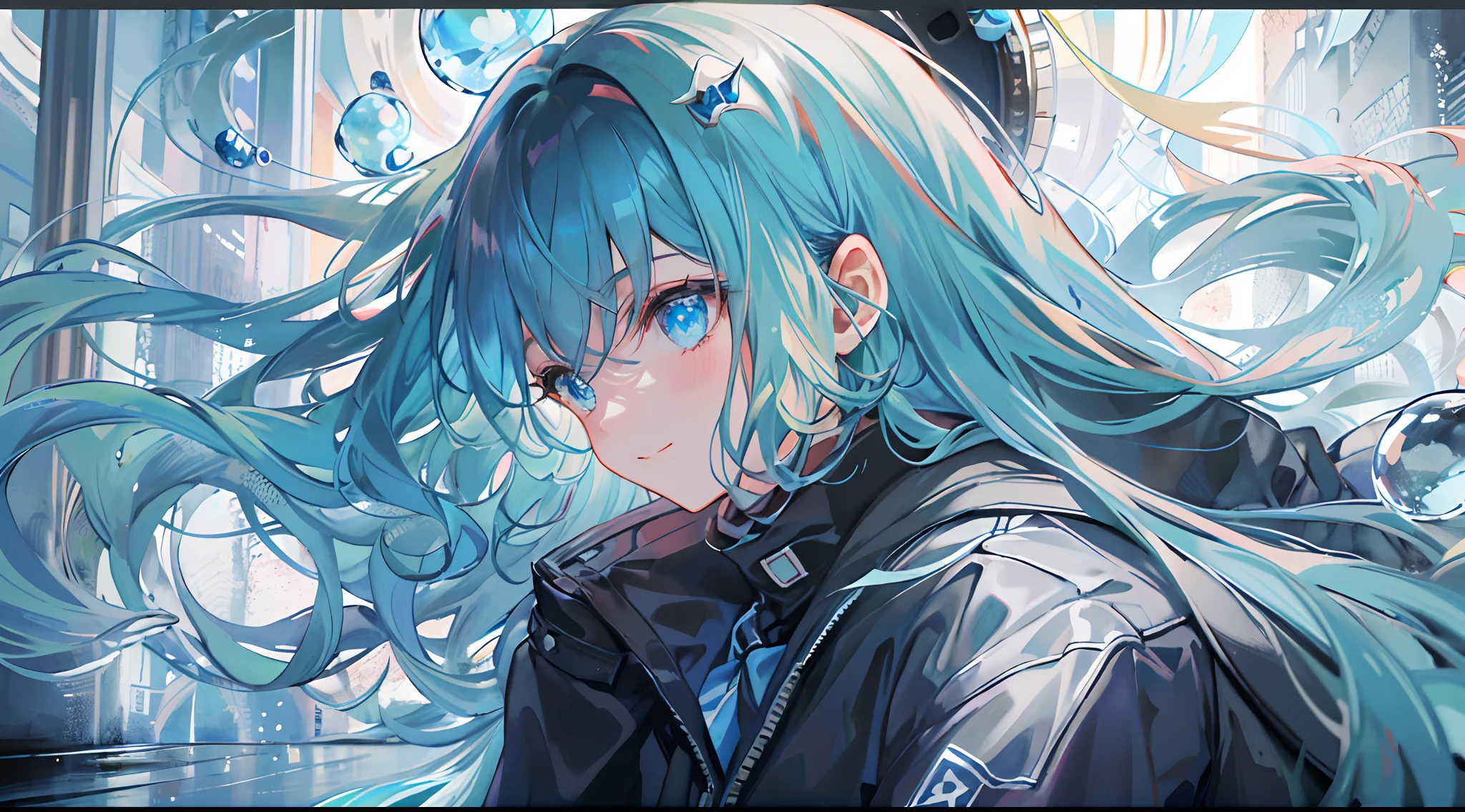 ((top-quality)), ((masterpiece)), ((ultra-detailliert)), (extremely delicate and beautiful), girl with, 独奏, cold attitude,((Black jacket)),She is very(relax)with the(Settled down)Looks,A dark-haired, depth of fields,evil smile,Bubble, under the water, Air bubble,bright light blue eyes,Inner color with light blue hair and dark blue tips,Cold background,Bob Hair - Linear Art, shortpants、knee high socks、White uniform like school uniform、Light blue ribbon ties、Clothes are sheer、Hands in pockets