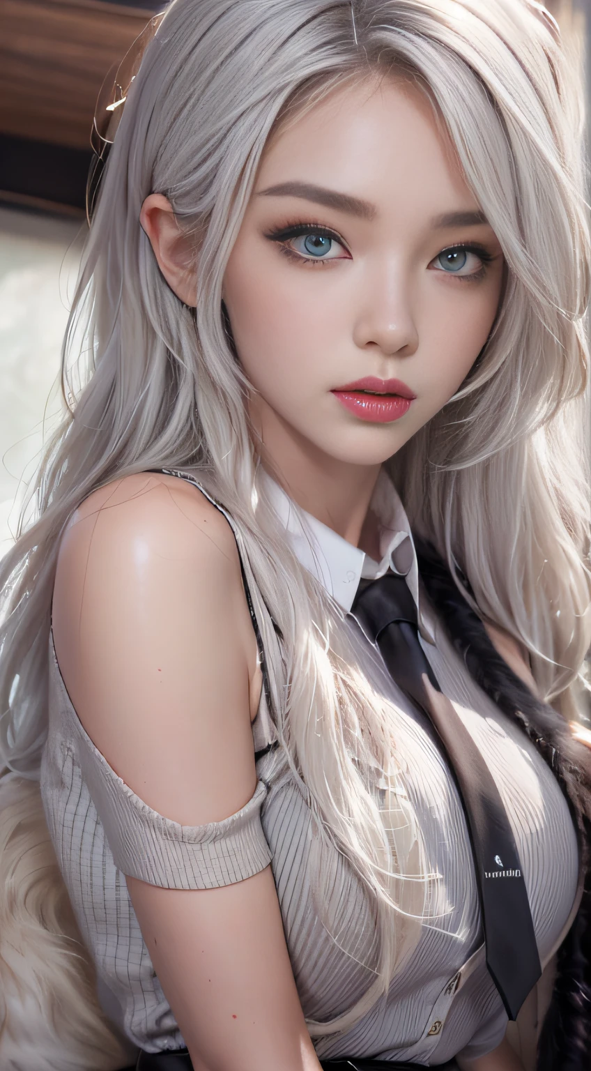 Photorealistic, high resolution, 1 Women, Solo, Waist up, Beautiful eyes, Close lips, Detailed face, White hair, Long hair, Collared shirt, black necktie,Black skirt, pencil skirts, Fur coat, Stockings