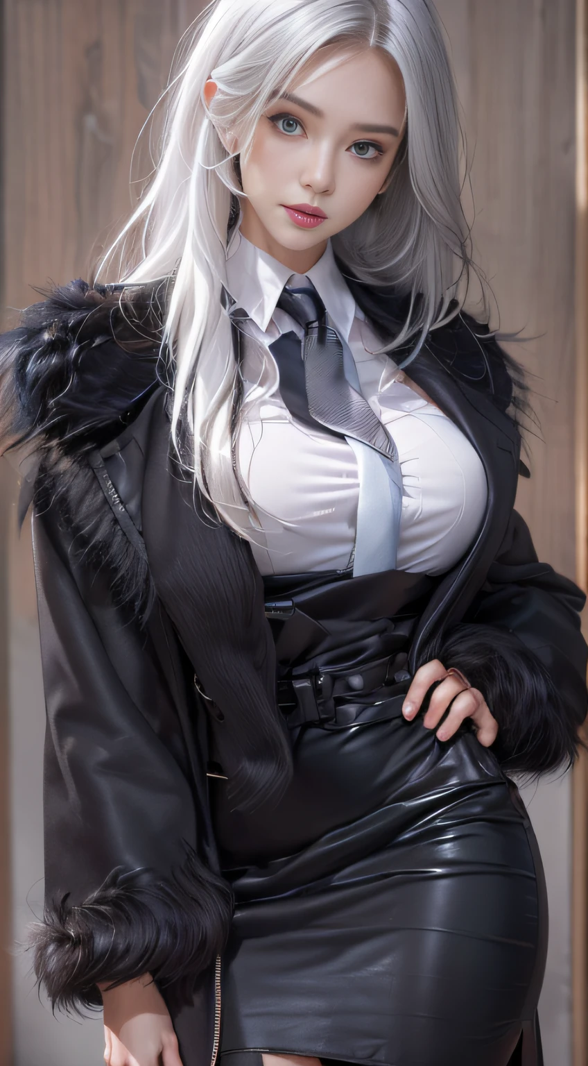 Photorealistic, high resolution, 1 Women, Solo, Waist up, Beautiful eyes, Close lips, Detailed face, White hair, Long hair, Collared shirt, black necktie,Black skirt, pencil skirts, Fur coat, Stockings