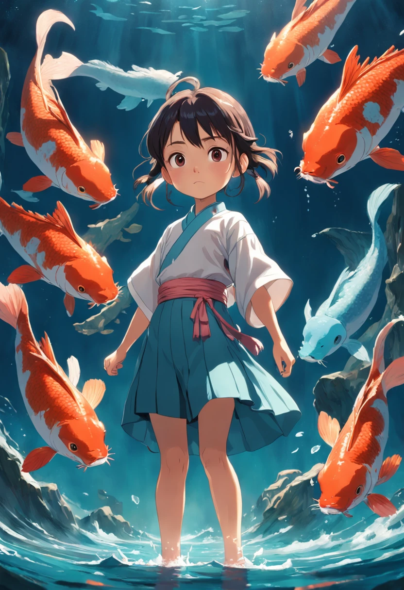 movie picture quality，Hayao Miyazaki animation，Miyazaki animation style，Hayao Miyazaki animated film，3D movies，China-style，Little girl with short braids standing（A giant koi：1.4）Front，swell sea，depth of fields，high light，Real light，Ray traching，oc rendered，Hyper-realistic，best qualtiy，8K，Works of masters，super-fine，Detailed pubic hair，Correct anatomy，sharp focus on eyes，Bokeh，Facial features are carefully depicted
