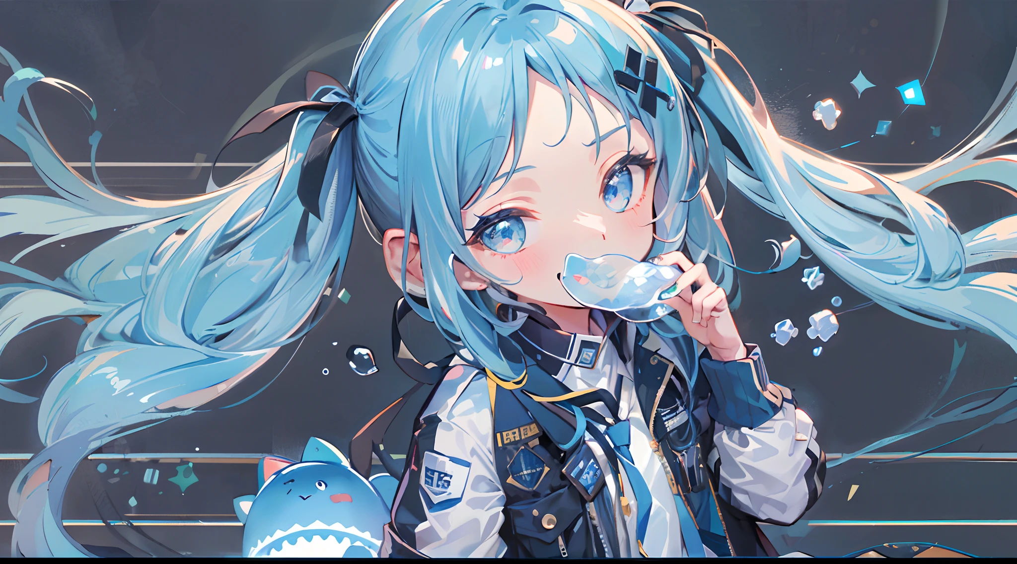 ((top-quality)), ((masterpiece)), ((ultra-detailliert)), (extremely delicate and beautiful), girl with, 独奏, cold attitude,((Black jacket)),She is very(relax)with the(Settled down)Looks,A dark-haired, depth of fields,evil smile,Bubble, under the water, Air bubble,bright light blue eyes,Inner color with light blue hair and dark blue tips,Cold background,Bob Hair - Linear Art, shortpants、knee high socks、White uniform like school uniform、Light blue ribbon ties、Clothes are sheer、Hands in pockets