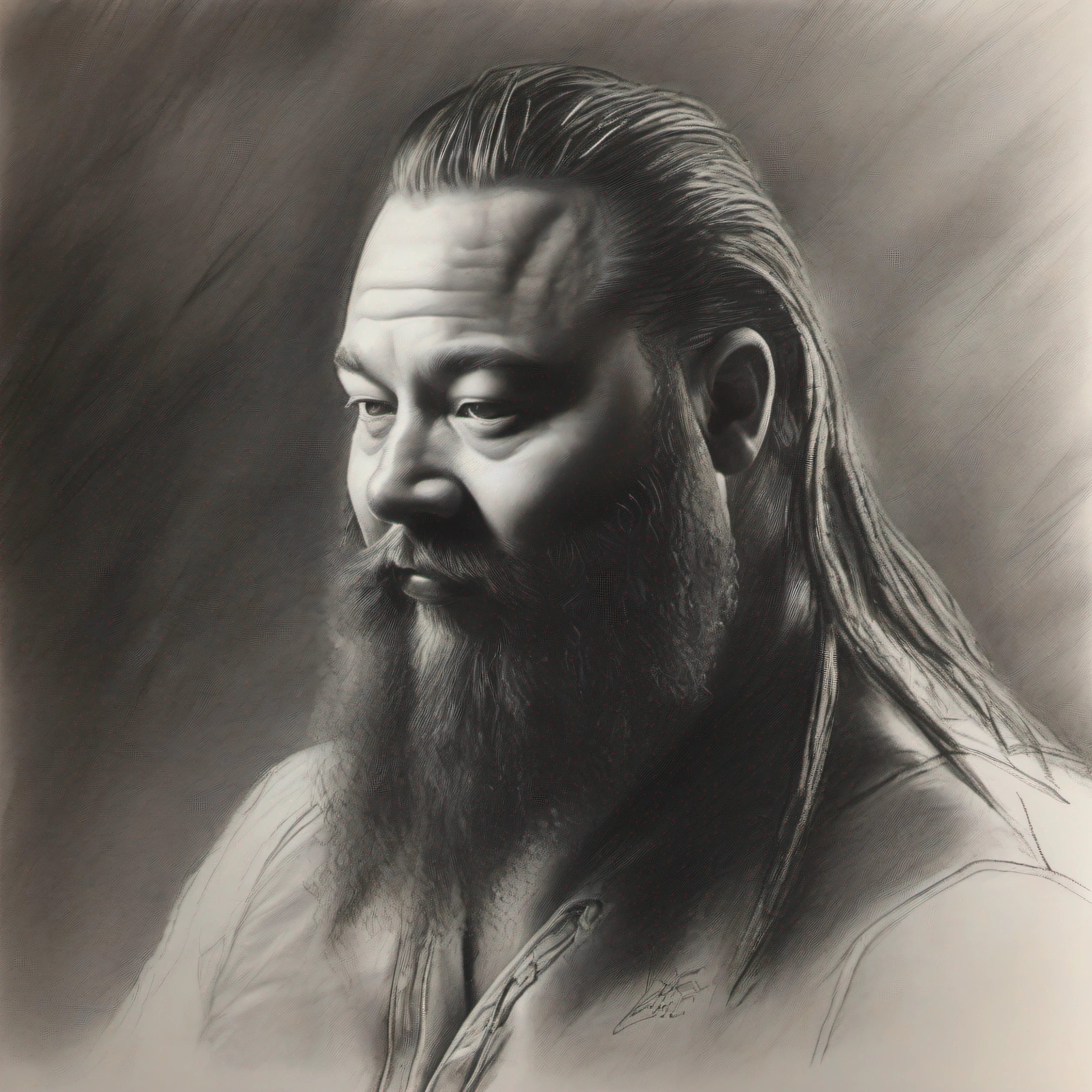A detailed charcoal drawing portrait of WWE wrestler Bray Wyatt by acclaimed charcoal artist Paul Lung. Wyatt is depicted dramatically lit in a three-quarters profile, emerging from darkness. The charcoal creates strong contrasting shadows and deep blacks in his wild mane of hair, beard, and wrestling gear. His intense facial features are rendered with precision using smooth gradients to capture every Textured detail. The charcoal flecks and smudges add creativity and movement to the styling of his character. Lung uses creative liberty in enhancing Wyatt's otherworldly stage presence through striking tonal contrast and excellent mark-making that heightens the drama and dynamism of this larger-than-life persona. The drawing balances photorealistic detail with imaginative style in Lung's signature charcoal aesthetic.