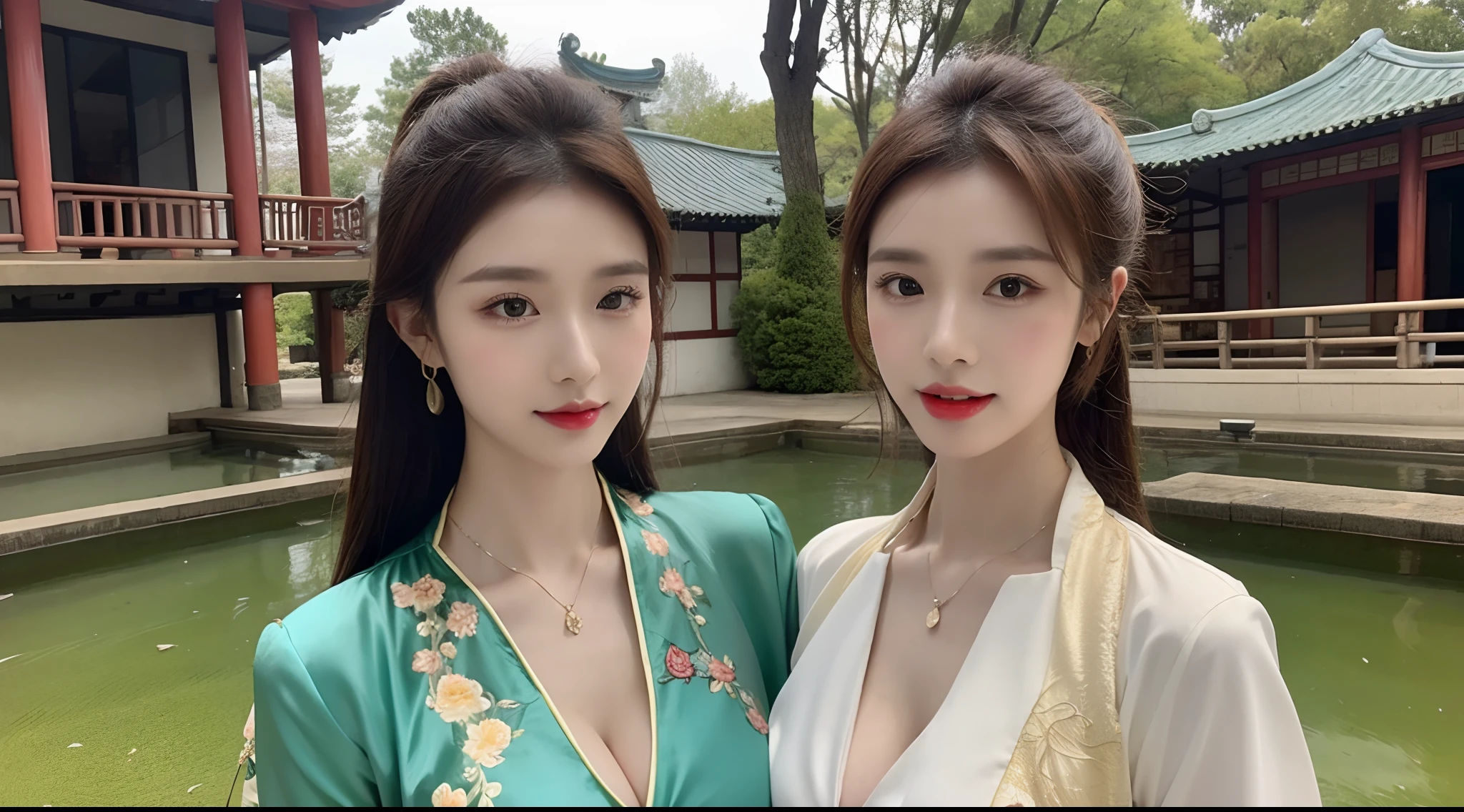 (A half body,Close-up,closeup cleavage:1.2),Arakfi Asian woman sitting in chair,Wearing a green and gold dress, (outside,hot onsen,florals,grassy,nevando) , A girl in Hanfu, Hanfu, Cheongsam, with acient chinese clothes, Traditional beauty, Traditional Chinese clothing, Wearing ancient Chinese clothes, Chinese style, Chinese dress, Chinese costume, Chinese traditional, Chinese girl, wearing ornate silk clothes,Redlip,(solo person)