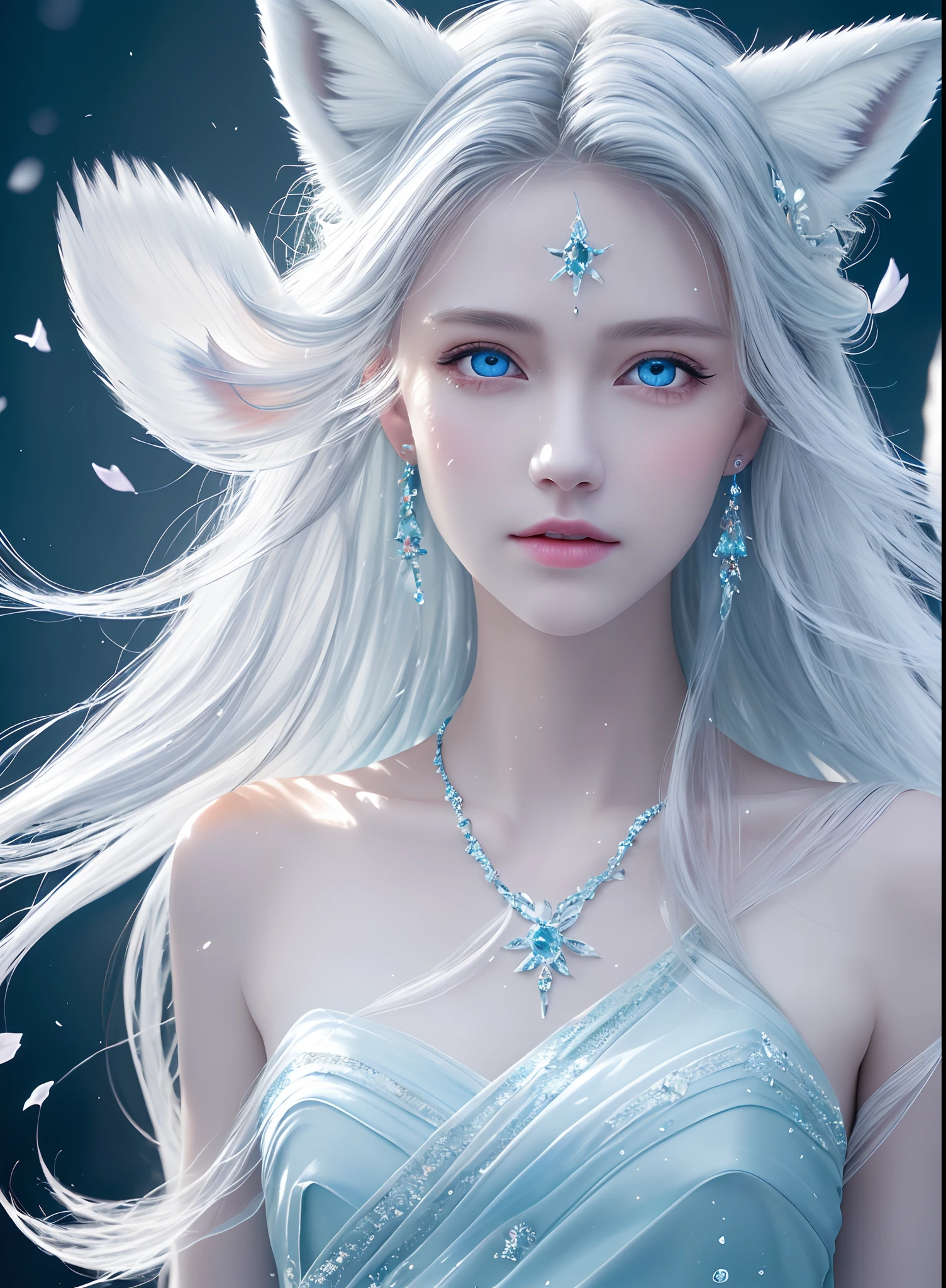 Masterpiece, Best quality,
offcial art, Very
Detailed CG 8K wallpaper,
(flying petal)
(detailed ice) , crystal
Textured skin, cold
expression, ((Fox ears)),
White hair, long
hair, Messy hair, eBlue eyes,
view the viewer,
Extremely delicate and
Beautiful, water, ((beauty
Detailed eyes)), height
detailed, Movie
illuminating, ((Beautiful face),
fine water surface, (Source language
portrait), Transcend-
detailed, incredible
detailed, (An extreme
Delicate and beautiful),
Beautiful detailed eyes,
(Best quality)