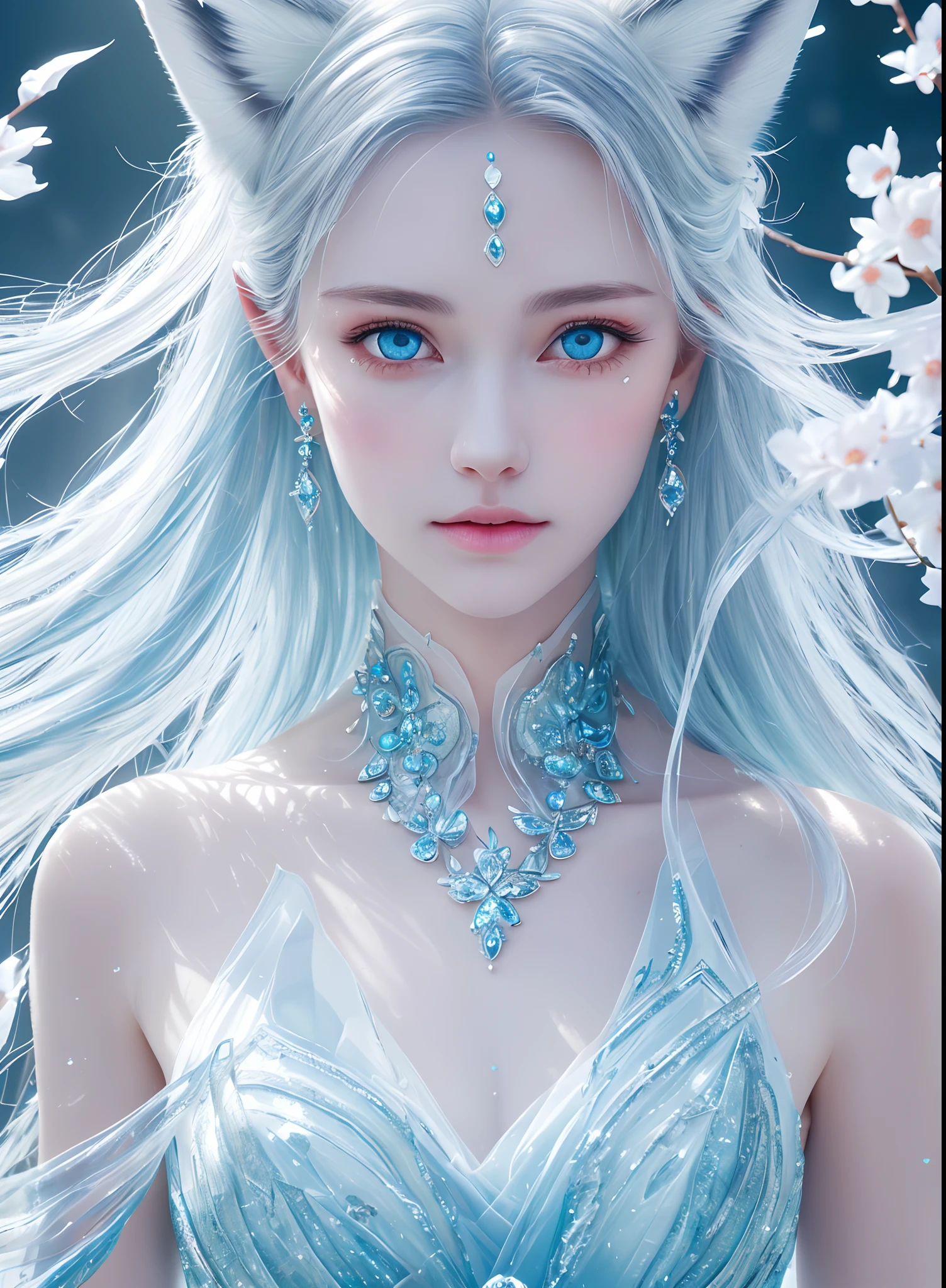 Masterpiece, Best quality,
offcial art, Very
Detailed CG 8K wallpaper,
(flying petal)
(detailed ice) , crystal
Textured skin, cold
expression, ((Fox ears)),
White hair, long
hair, Messy hair, eBlue eyes,
view the viewer,
Extremely delicate and
Beautiful, water, ((beauty
Detailed eyes)), height
detailed, Movie
illuminating, ((Beautiful face),
fine water surface, (Source language
portrait), Transcend-
detailed, incredible
detailed, (An extreme
Delicate and beautiful),
Beautiful detailed eyes,
(Best quality)