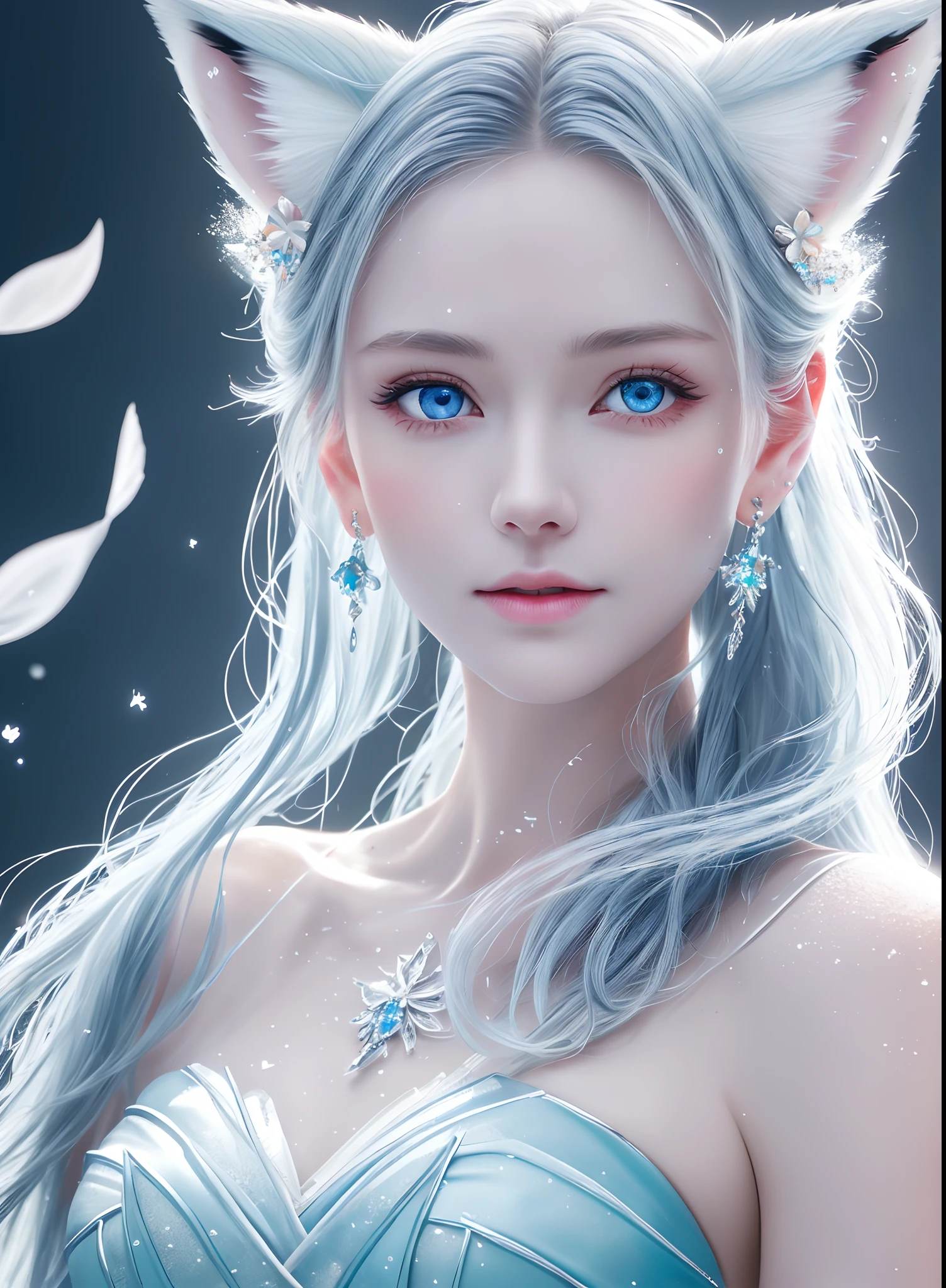 Masterpiece, Best quality,
offcial art, Very
Detailed CG 8K wallpaper,
(flying petal)
(detailed ice) , crystal
Textured skin, cold
expression, ((Fox ears)),
White hair, long
hair, Messy hair, eBlue eyes,
view the viewer,
Extremely delicate and
Beautiful, water, ((beauty
Detailed eyes)), height
detailed, Movie
illuminating, ((Beautiful face),
fine water surface, (Source language
portrait), Transcend-
detailed, incredible
detailed, (An extreme
Delicate and beautiful),
Beautiful detailed eyes,
(Best quality)