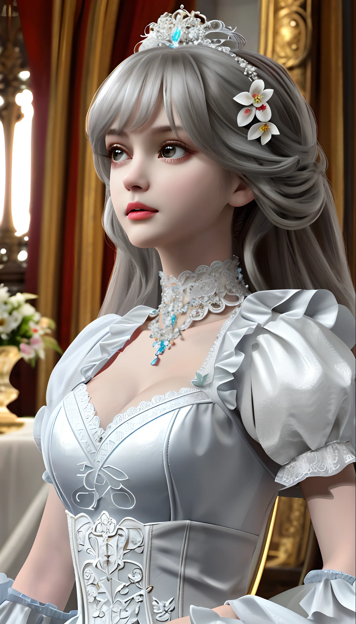A lady with extraordinary temperament, she stands in a modern indoor space, as if she is a model from a fashion magazine. She is wearing a (pure white long fur cape), the softness and luster of which makes her look more noble under the light, and complements her (beige dress) underneath, showing her gentle temperament while maintaining a sense of fashion. The style of the dress is simple and generous, a perfect match, and it lengthens her figure, making her tall and charming. The lady's makeup is delicate and elegant, which just highlights her facial features and makes people unforgettable at first sight. Although the earrings and necklace she wears are not ostentatious, they add a bit of sophistication and nobility to her overall look. Her hair is casually draped over her shoulders, and every strand of hair exudes a natural luster,, (best quality,8k,highres,masterpiece:1.2),ultra-detailed,(realistic,photorealistic,photo-realistic:1.37),studio lighting,ultra-fine painting,sharp focus,physically-based rendering,extreme detail description,professional,vivid colors