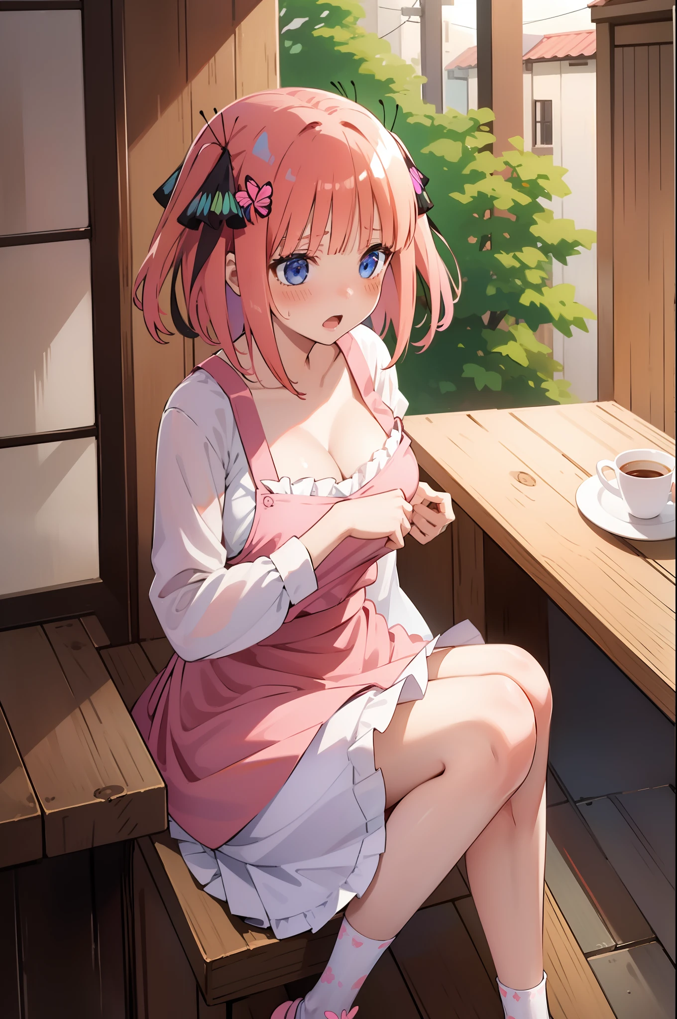 1girl in, 独奏, nakano nino, Pink hair, butterfly hair ornaments, (barechested:1.3), (White apron),, nedium breasts, thighs thighs thighs thighs, Cafe background, (Red blush:1.3), opening legs