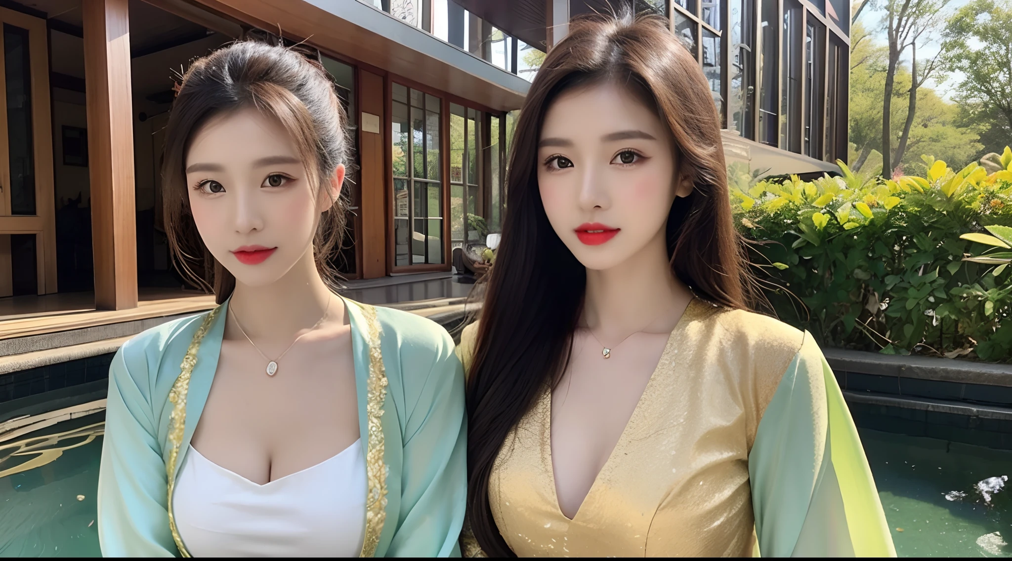 (A half body,Close-up,closeup cleavage:1.2),Arakfi Asian woman sitting in chair,Wearing a green and gold dress, (outside,hot onsen,florals,grassy,nevando) , A girl in Hanfu, Hanfu, Cheongsam, with acient chinese clothes, Traditional beauty, Traditional Chinese clothing, Wearing ancient Chinese clothes, Chinese style, Chinese dress, Chinese costume, Chinese traditional, Chinese girl, wearing ornate silk clothes,Redlip,(solo person)
