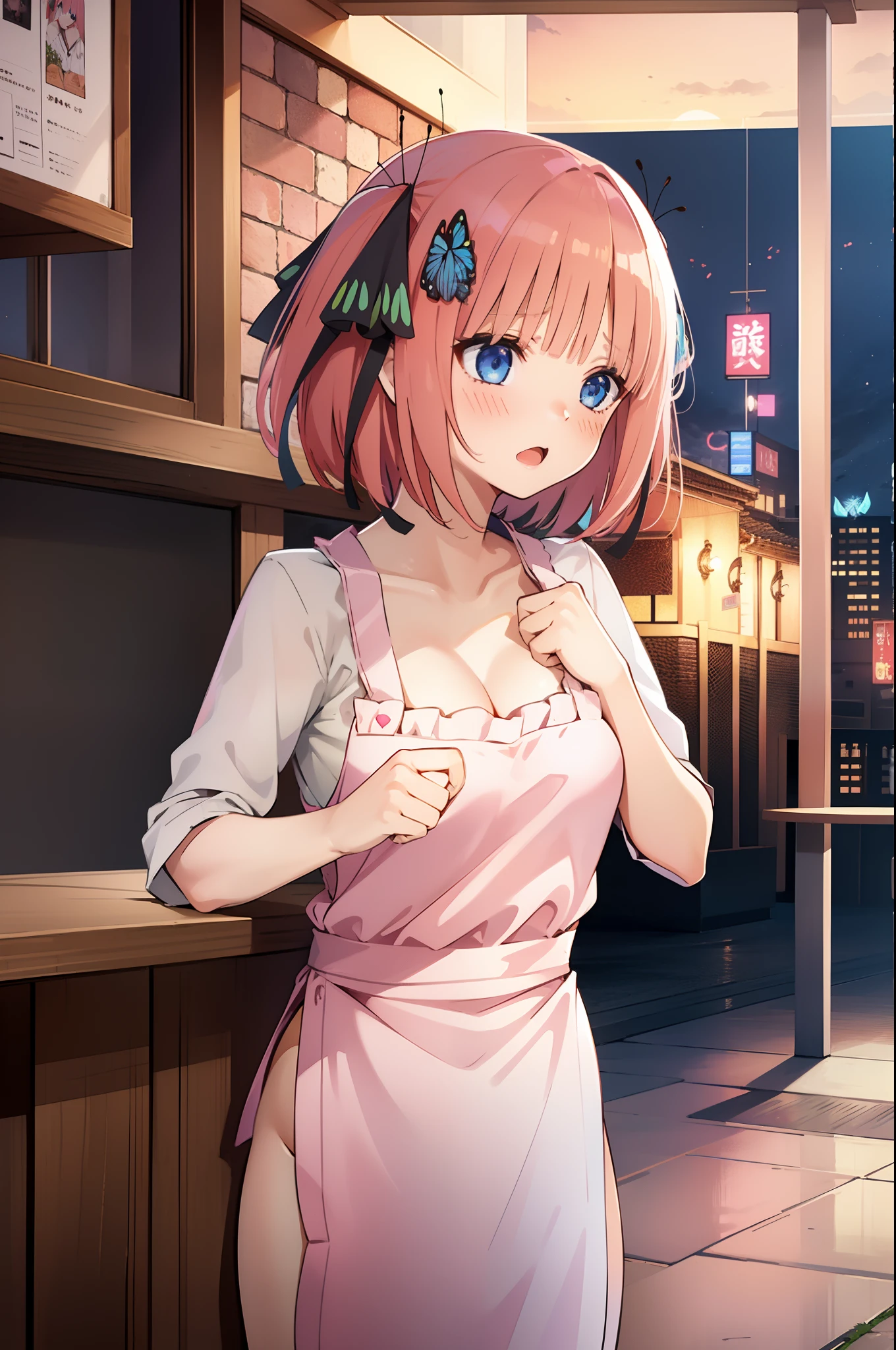 1girls, 独奏, Nakano Nino, Pink hair, butterfly hair ornament, (nuda:1.3), (White apron),, cleavage of the breast, thights, Cafe background, (blushful:1.3),scream out