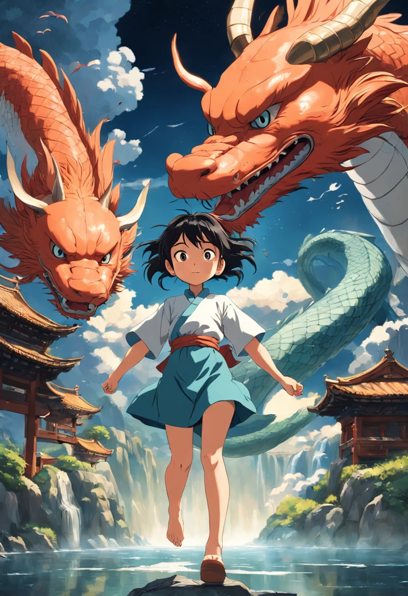 movie picture quality，Hayao Miyazaki animation，Miyazaki animation style，Hayao Miyazaki animated film，3D movies，China-style，A little girl with short braids rode a huge koi leaping over the dragon gate，depth of fields，high light，Real light，Ray traching，oc rendered，Hyper-realistic，best qualtiy，8K，Works of masters，super-fine，Detailed pubic hair，Correct anatomy，sharp focus on eyes，Bokeh，Facial features are carefully depicted