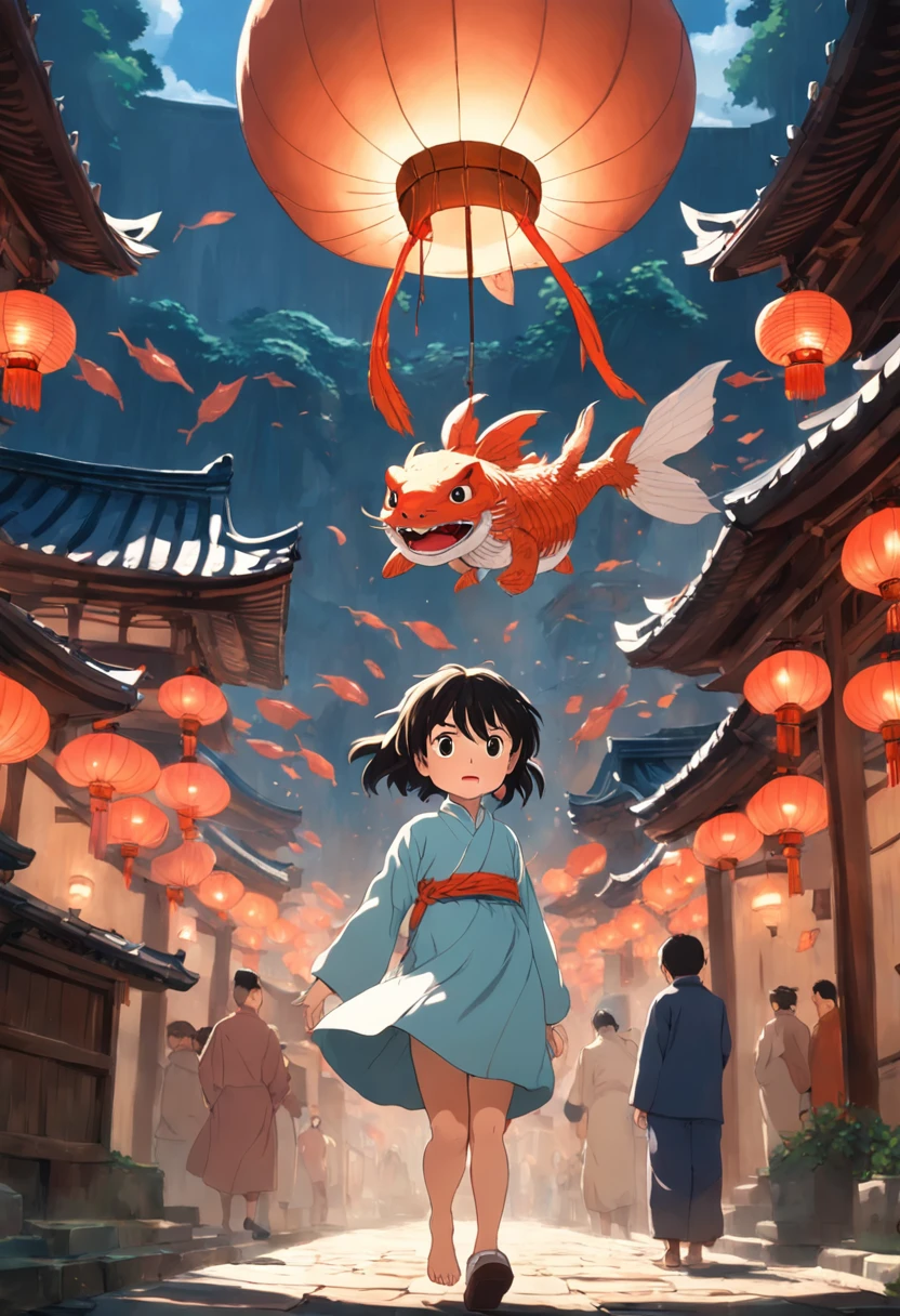 movie picture quality,Hayao Miyazaki animation,Miyazaki animation style,Hayao Miyazaki animated film,3D movies,China-style,A with short braids rode a huge koi leaping over the dragon gate,depth of fields,high light,Real light,Ray traching,oc rendered,Hyper-realistic,best qualtiy,8K,Works of masters,super-fine,Detailed pubic hair,Correct anatomy,sharp focus on eyes,Bokeh,Facial features are carefully depicted