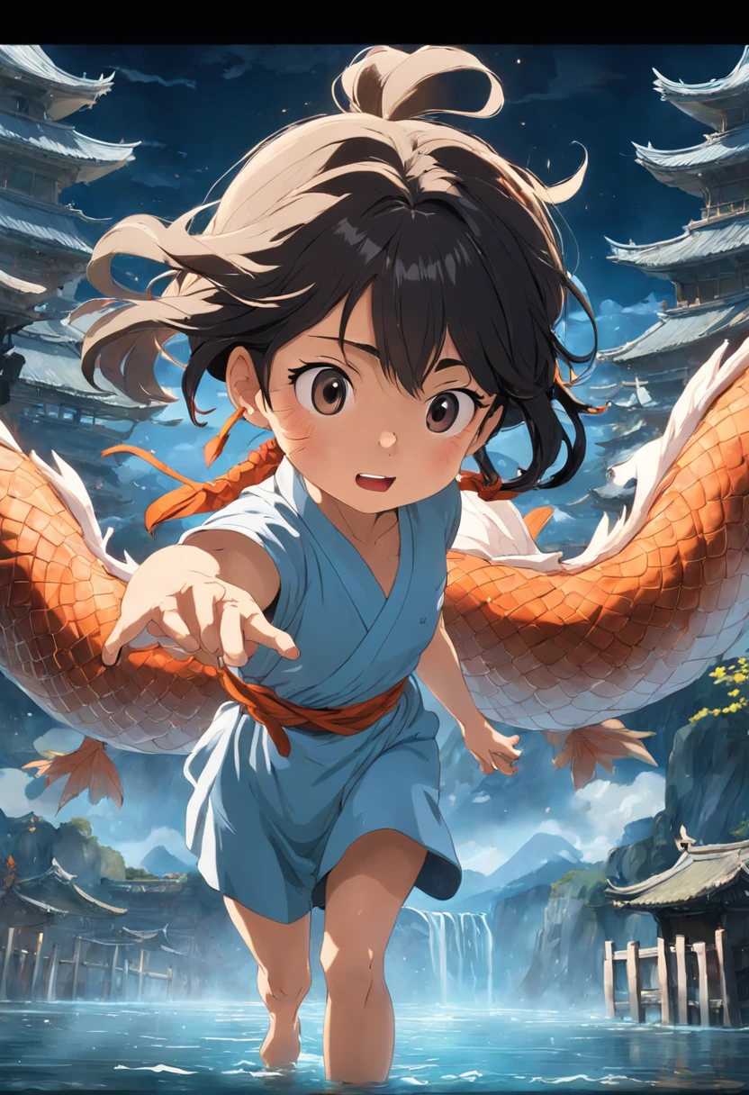 movie picture quality,Hayao Miyazaki animation,Miyazaki animation style,Hayao Miyazaki animated film,3D movies,China-style,A little girl with short braids rode a huge koi leaping over the dragon gate,depth of fields,high light,Real light,Ray traching,oc rendered,Hyper-realistic,best qualtiy,8K,Works of masters,super-fine,Detailed pubic hair,Correct anatomy,sharp focus on eyes,Bokeh,Facial features are carefully depicted