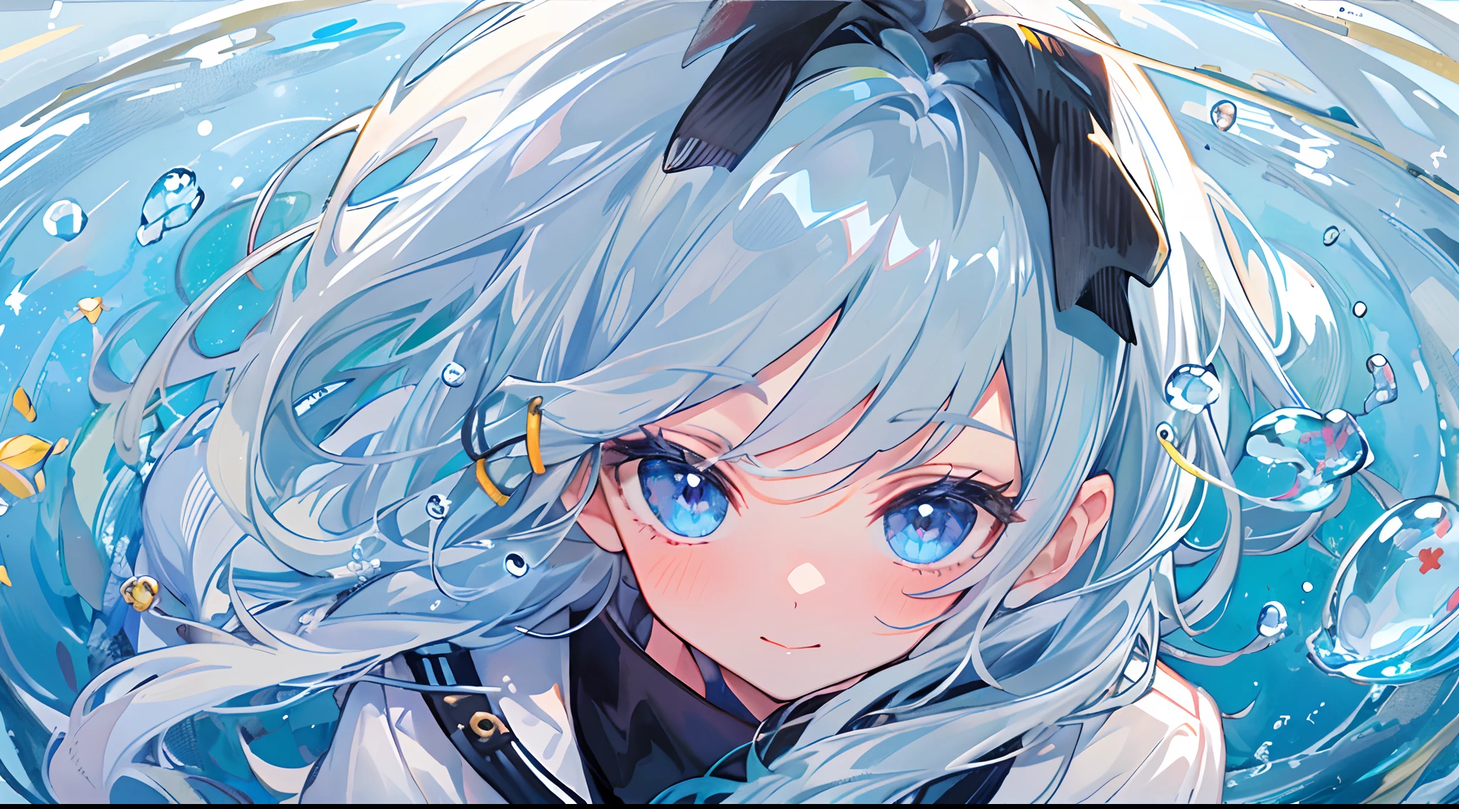 ((top-quality)), ((masterpiece)), ((ultra-detailliert)), (extremely delicate and beautiful), girl with, 独奏, cold attitude,((Black jacket)),She is very(relax)with the(Settled down)Looks,A dark-haired, depth of fields,evil smile,Bubble, under the water, Air bubble,bright light blue eyes,Inner color with light blue hair and dark blue tips,Cold background,Bob Hair - Linear Art, shortpants、knee high socks、White uniform like school uniform、Light blue ribbon ties、Clothes are sheer、Hands in pockets