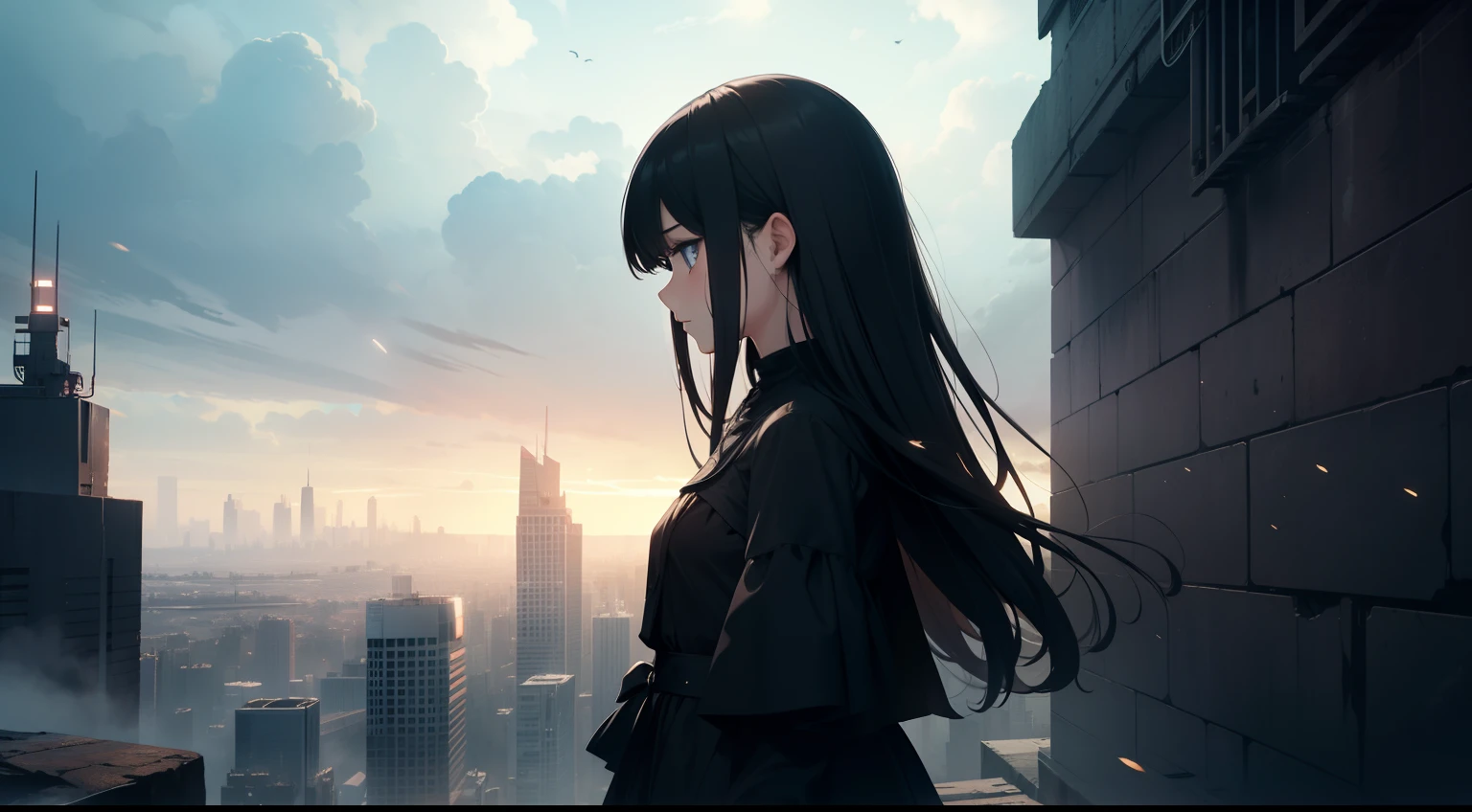 High quality, 1girl in, saddened, Look down, Bottom of the earth, stand up, abyss, A city surrounded by high walls, Dark Cloud, Black Dress, Long hair, profile, dystopian, darkness