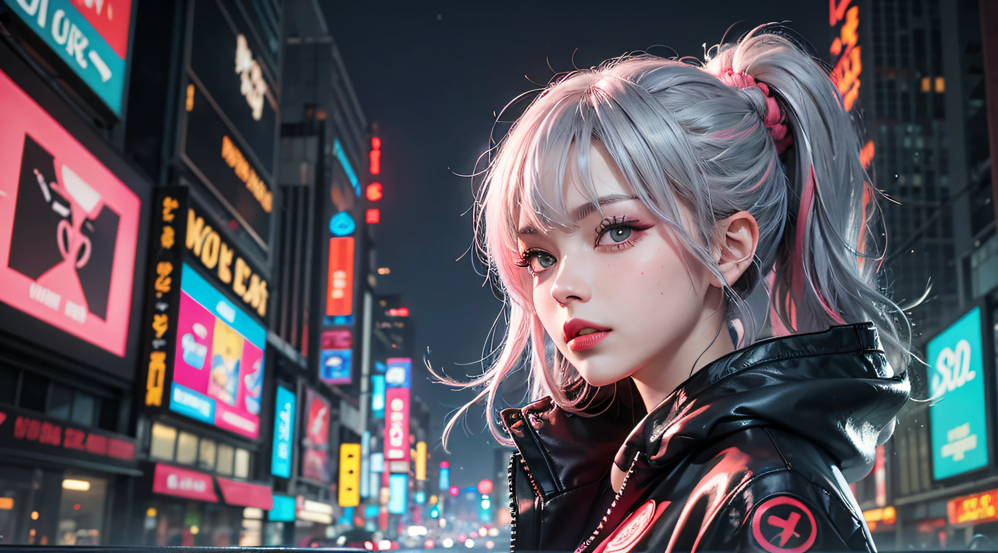 lucy \(cyberpunk\), 1girl,  hair scrunchie, hime cut, silver hair, colored tips, full moon, grey eyes, jacket, long sleeves, looking at viewer, medium hair, multicolored hair, parted bangs, parted lips, pink hair, portrait, red eyeliner, red lips, solo, white jacket, cyberpunk \(series\), rainy night in a cyberpunk city with glowing neon lights