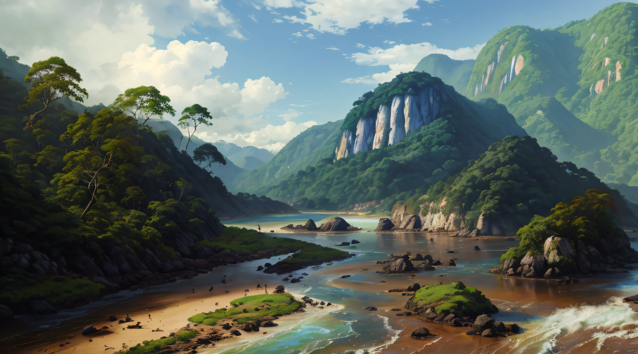 pintura de um rio que atravessa um vale verde exuberante com montanhas ao fundo, colinas fluidas, 8k resolution digital painting, 8k resolution digital painting, Pintura digital 4K, Pintura digital 4k, pintura digital detalhada, baixo detalhamento. pintura digital, Pintura Digital de Alto Detalhe, peaceful landscape, rio, trees and hills, pintura detalhada 4K, pintura digital 4k