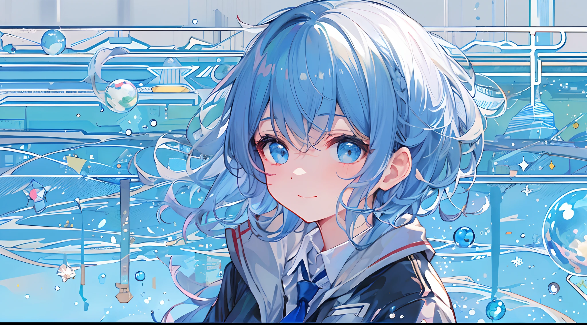 ((top-quality)), ((masterpiece)), ((ultra-detailliert)), (extremely delicate and beautiful), girl with, 独奏, cold attitude,((Black jacket)),She is very(relax)with the(Settled down)Looks,A dark-haired, depth of fields,evil smile,Bubble, under the water, Air bubble,bright light blue eyes,Inner color with light blue hair and dark blue tips,Cold background,Bob Hair - Linear Art, shortpants、knee high socks、White uniform like school uniform、Light blue ribbon ties、Clothes are sheer、Hands in pockets