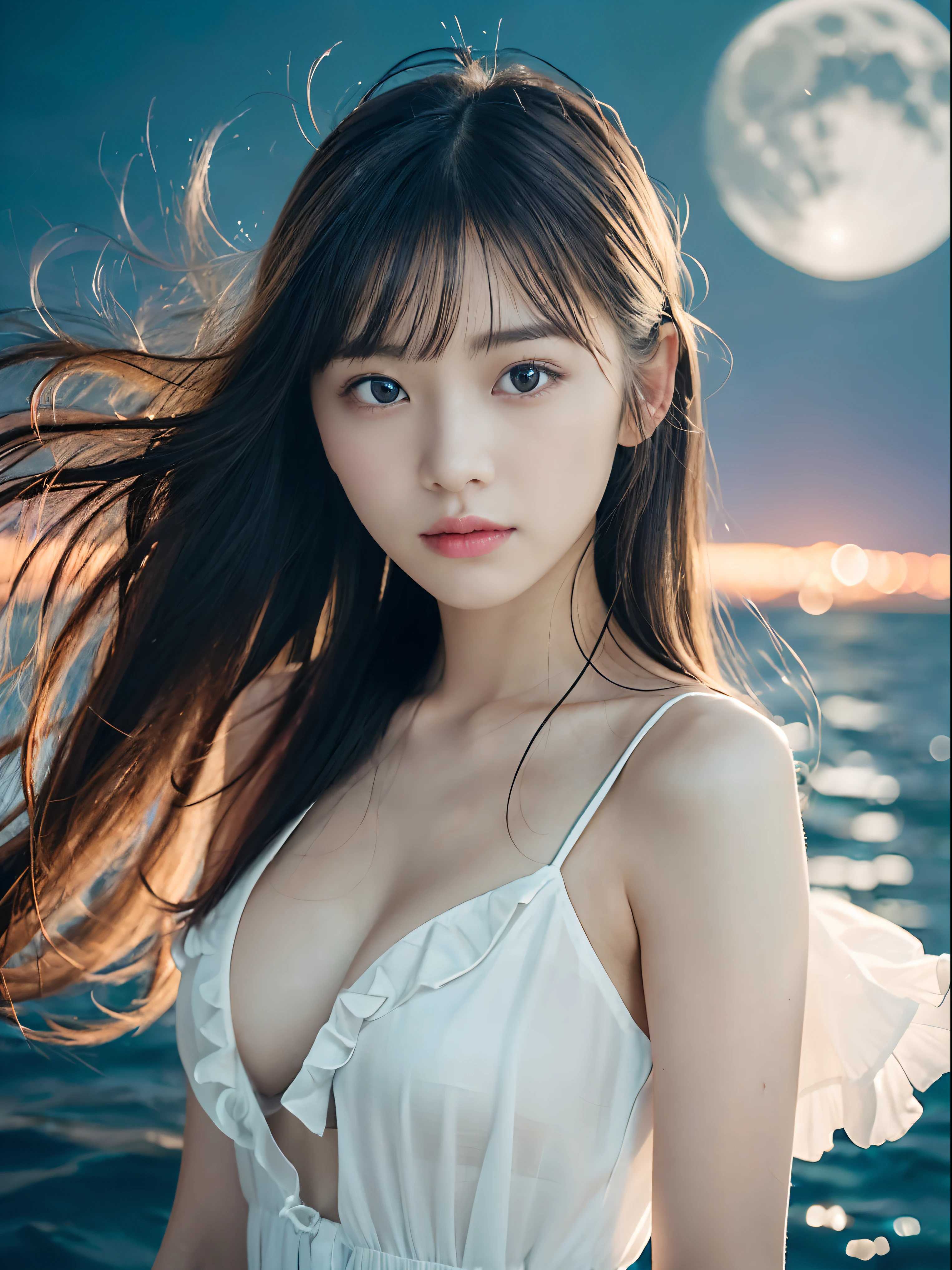 (Close up portrait of girl with slender small breasts with twin-tailed hair fluttering in the wind in a ruffled dress:1.5)、(Girl sadly looking at full moon shining in night sky:1.3)、(Full moon and late night sea :1.3)、(tre anatomically correct:1.3)、(complete hands:1.3)、(complete fingers:1.3)、Photorealsitic、Raw photography、masutepiece、top-quality、Hi-Res、delicate and pretty、face perfect、Beautiful detailed eyes、Fair skin、Real Human Skin、pores、((thin legs))、(Dark hair)