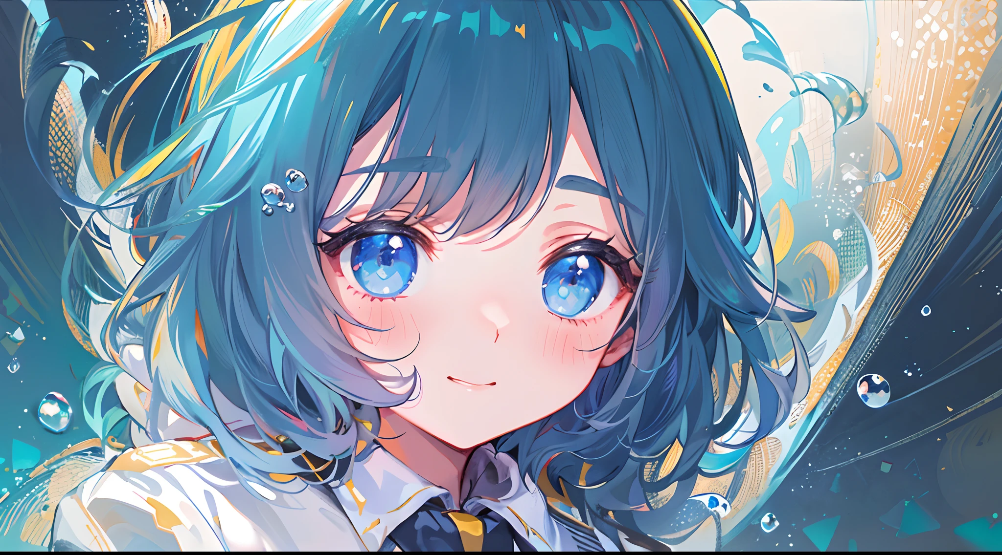 ((top-quality)), ((masterpiece)), ((ultra-detailliert)), (extremely delicate and beautiful), girl with, 独奏, cold attitude,((Black jacket)),She is very(relax)with the(Settled down)Looks,A dark-haired, depth of fields,evil smile,Bubble, under the water, Air bubble,bright light blue eyes,Inner color with light blue hair and dark blue tips,Cold background,Bob Hair - Linear Art, shortpants、knee high socks、White uniform like school uniform、Light blue ribbon ties、Clothes are sheer、Hands in pockets