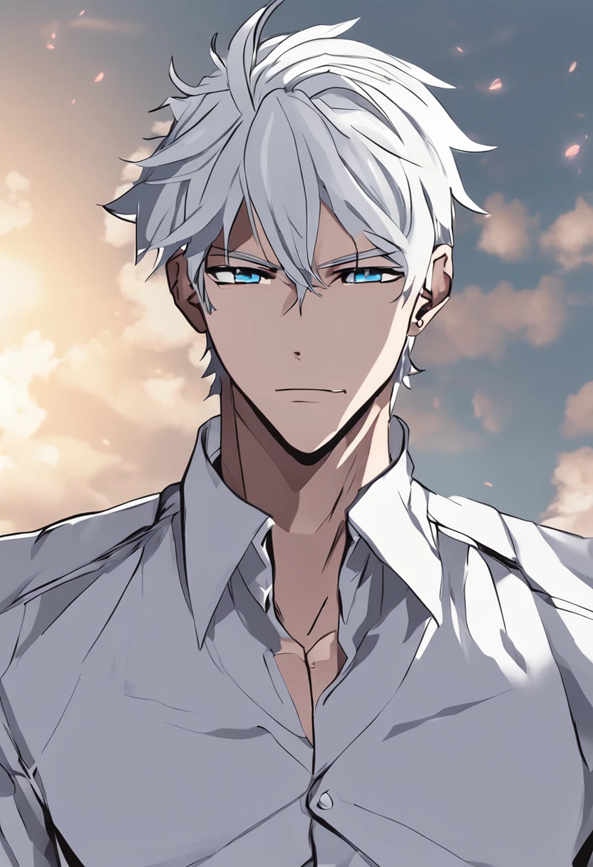 a close up of a person with a black shirt and a white hair, Tall anime guy with blue eyes, , male anime character, white-haired god, Anime handsome man, kaneki ken, Handsome anime pose, young anime man,  brunette color hair, , white haired Cangcang, Male anime style，Elf ears
