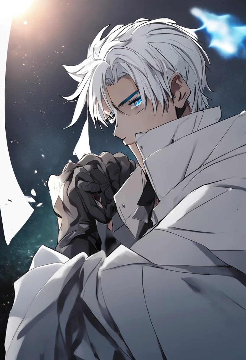 a close up of a person with a black shirt and a white hair, Tall anime guy with blue eyes, , male anime character, white-haired god, Anime handsome man, kaneki ken, Handsome anime pose, young anime man, brunette color hair, , white haired Cangcang, Male anime style,Elf ears