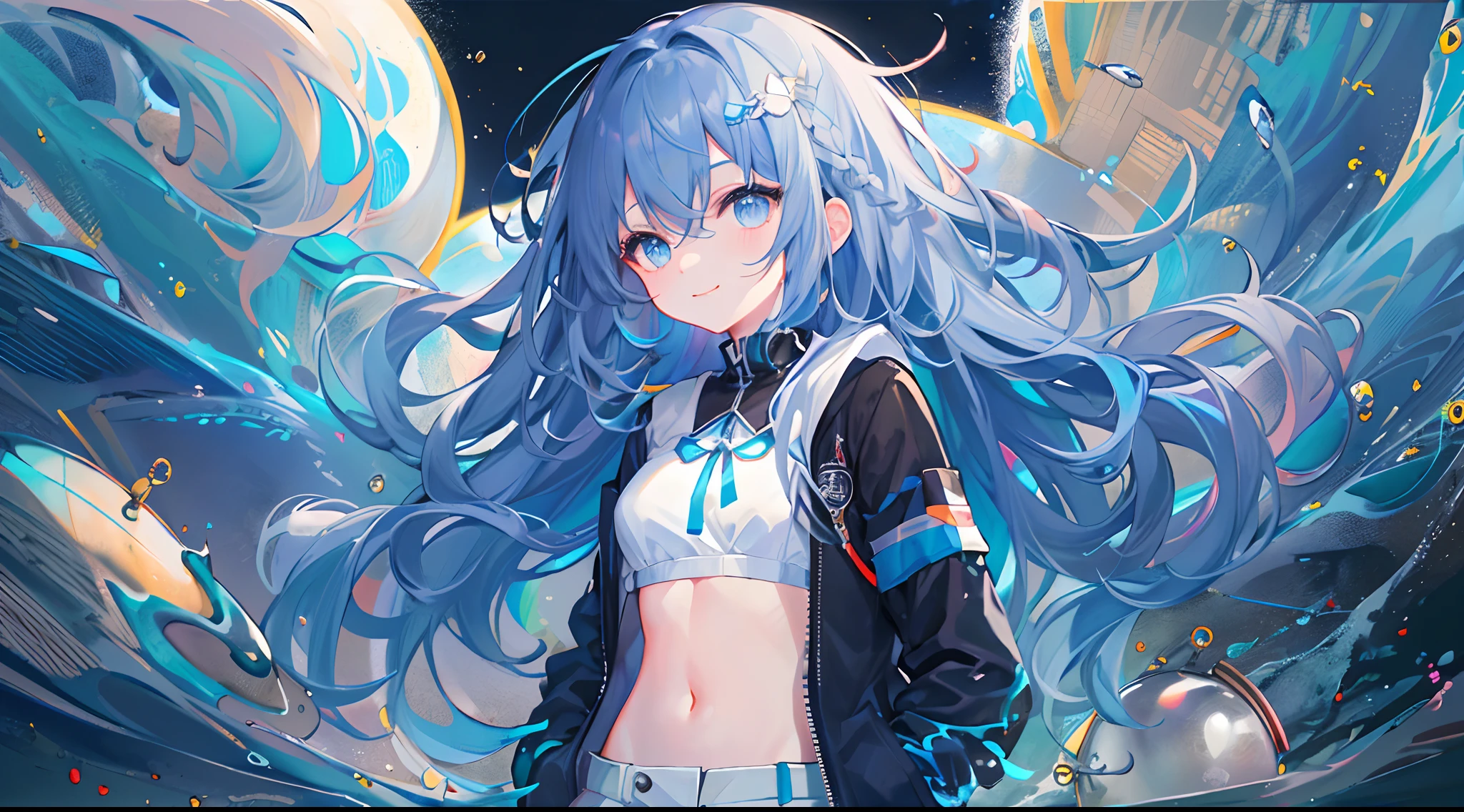 ((top-quality)), ((​masterpiece)), ((ultra-detailliert)), (extremely delicate and beautiful), girl with, 独奏, cold attitude,((Black jacket)),She is very(relax)with  the(Settled down)Looks,A dark-haired, depth of fields,evil smile,Bubble, under the water, Air bubble,bright light blue eyes,Inner color with light blue hair and dark blue tips,Cold background,Bob Hair - Linear Art, shortpants、knee high socks、White uniform like school uniform、Light blue ribbon ties、Clothes are sheer、Hands in pockets