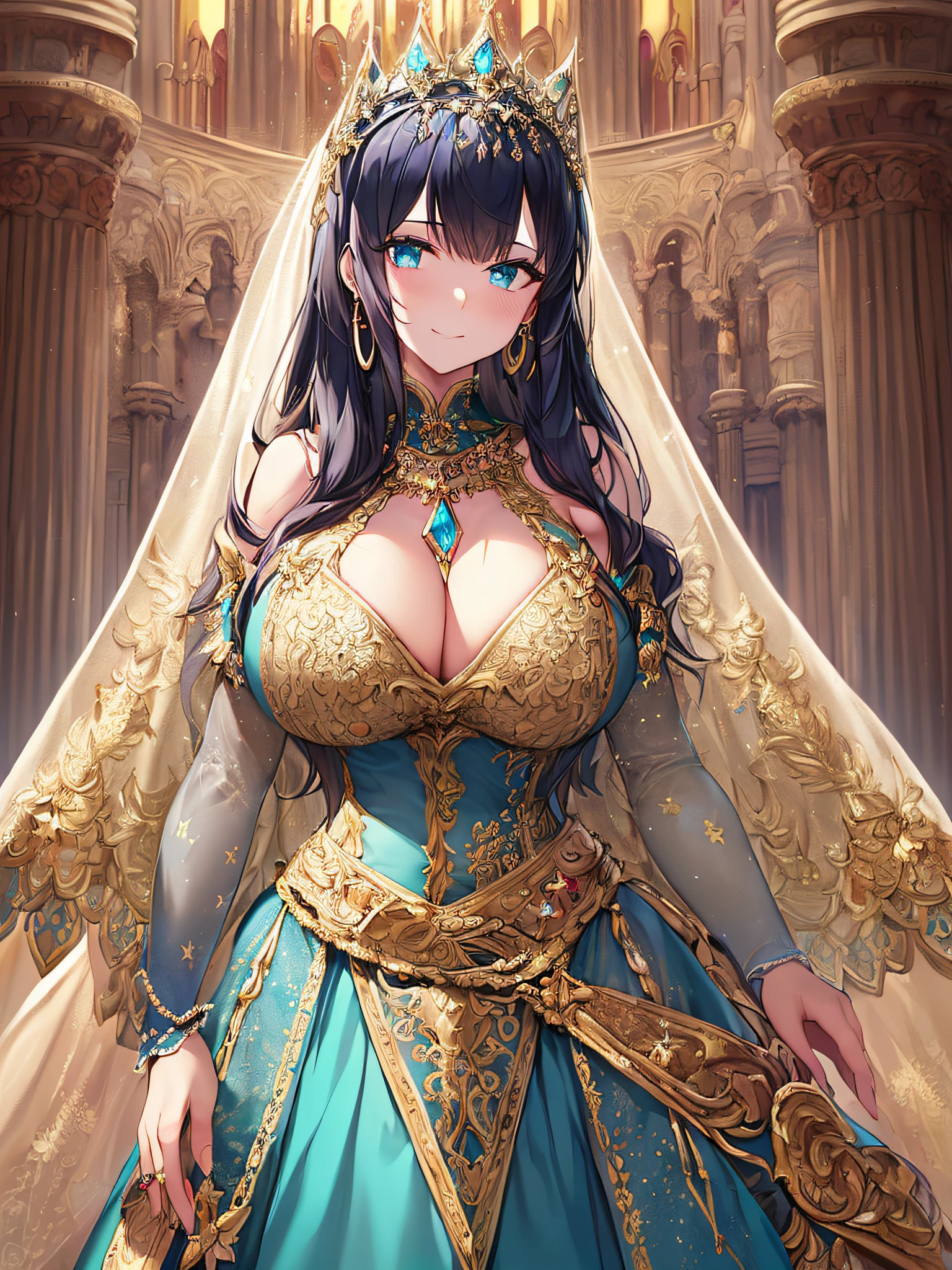 (anime artstyle),((Masterpiece,Best Quality,Super Detail,Very Delicate and Beautiful)),Solo,((full body,standing picture)),standing in the sacred cathedral,((Sacred atmosphere)),((1 holy High Priestess in beautiful embroidery and jeweled gorgeous rococo ballgown dress with voluminous full length hoop skirt)),(crinoline),gorgeousfull embroidery,(gorgeous gemstone jewelry),((gorgeousfull Sacred Veil)),(detailed face and eyes),jewel-like eyes,smile,((large amount of straight hair,extremely Long voluminous Hair)),((gigantic tits,Long tits,skindentation)),gorgeousfull embroidery,cleavage,extremely gorgeousfull hair ornament,(bling-bling extremely gorgeousfull jeweled tiara),gorgeous corsage,Stained glass,(Dynamic Angle),Looking at viewer,((full body)),((beautiful embroidery and jeweled gorgeous rococo ballgown dress with voluminous full length hoop skirt))