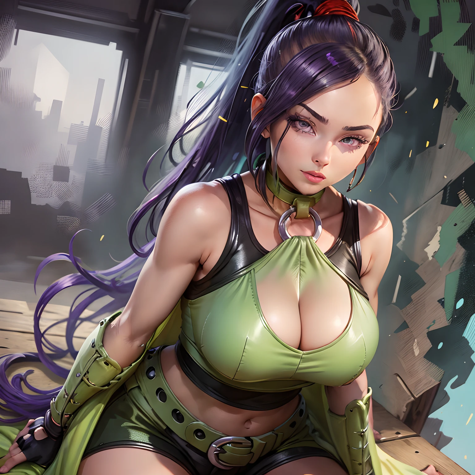 masterpiece, Best Quality, hight resolution, 32k, 1girl in, (hyper detailed Martina:1.1), PURPLE EYES, PURPLE HAIR, VERY LONG HAIR, PONYTAIL, HAIR SCRUNCHIE, GREEN CHOKER, O-RING TOP, TANK TOP, SLEEVELESS, FINGERLESS GLOVES, GREEN GLOVES, WAIST CAPE, BLACK SHORTS, GREEN BELT, BOOTS, (huge breasts:1.1),