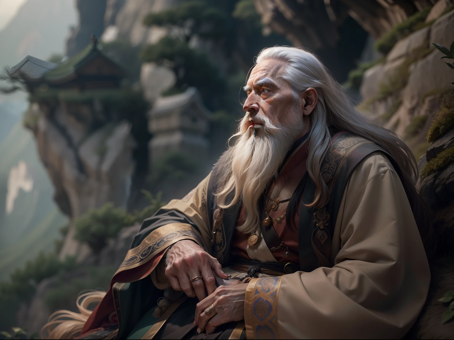 an ultra-realistic, photographic image in 8k resolution that captures a wise old master at the center of the scene. The master has long hair, a lengthy beard, and an intricately detailed face. He exudes wisdom and confidence solely through his gaze. The background should feature out-of-focus beautiful Chinese mountains, providing a serene and tranquil ambiance.