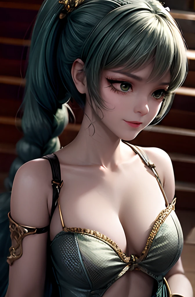 Detailed woman face looking at camera, dark- green eyes