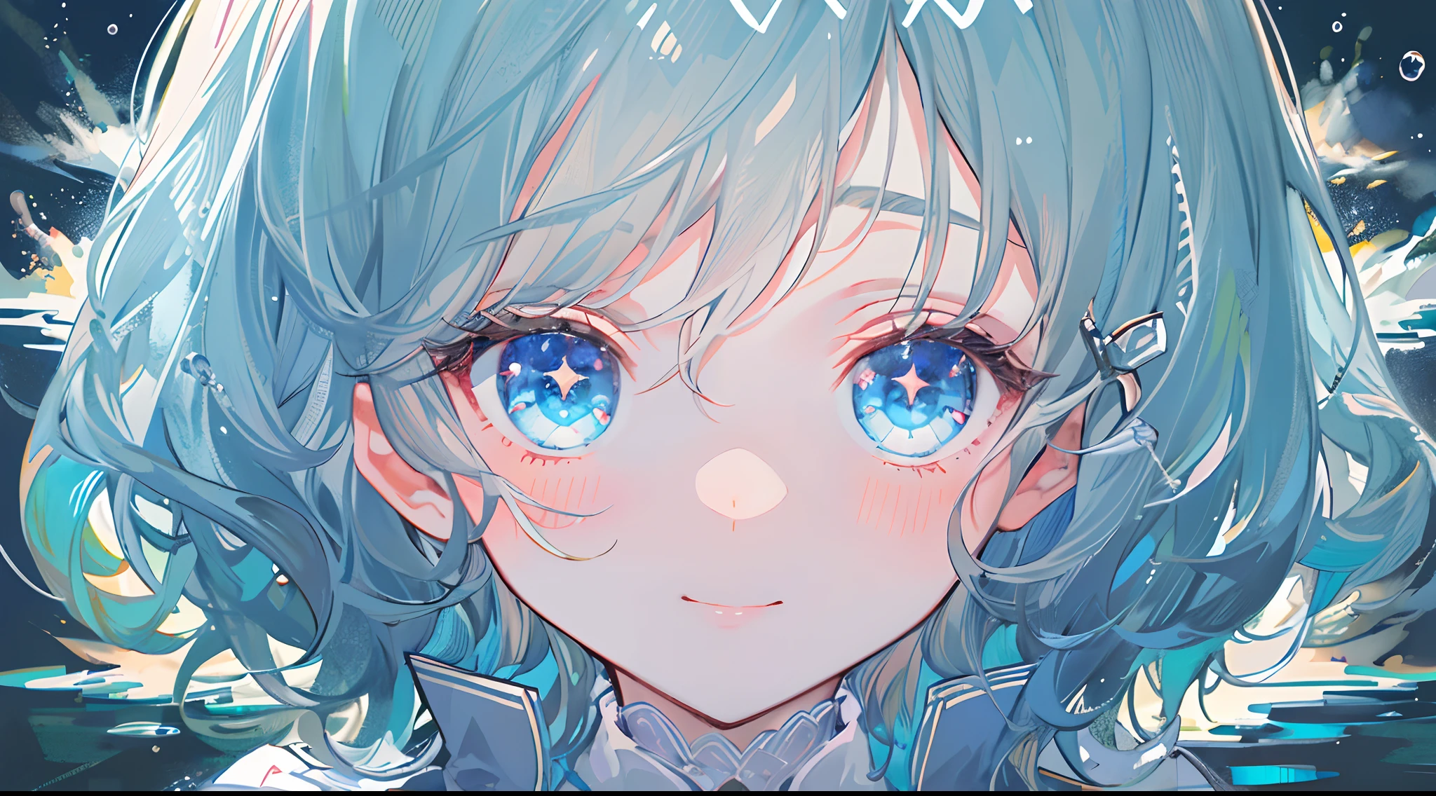 ((top-quality)), ((masterpiece)), ((ultra-detailliert)), (extremely delicate and beautiful), girl with, 独奏, cold attitude,((Black jacket)),She is very(relax)with the(Settled down)Looks,A dark-haired, depth of fields,evil smile,Bubble, under the water, Air bubble,bright light blue eyes,Inner color with light blue hair and dark blue tips,Cold background,Bob Hair - Linear Art, shortpants、knee high socks、White uniform like school uniform、Light blue ribbon ties、Clothes are sheer、Hands in pockets