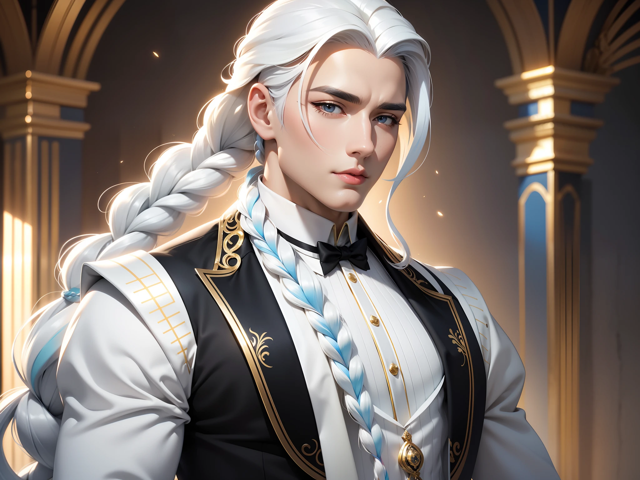 1guy, gorgeous dapper Elysian male with perfect balance of masculine and feminine features, (stunning long pure white hair, 1braid), white and powder blue tetradic colors, perfect anatomy, approaching perfection, stern gold eyes, 8k resolution, (Single person), masterpiece, perfect face:1.2), intricate details, opulent detailed background, full lips, curvy guy, cinematic lighting,nijistyle