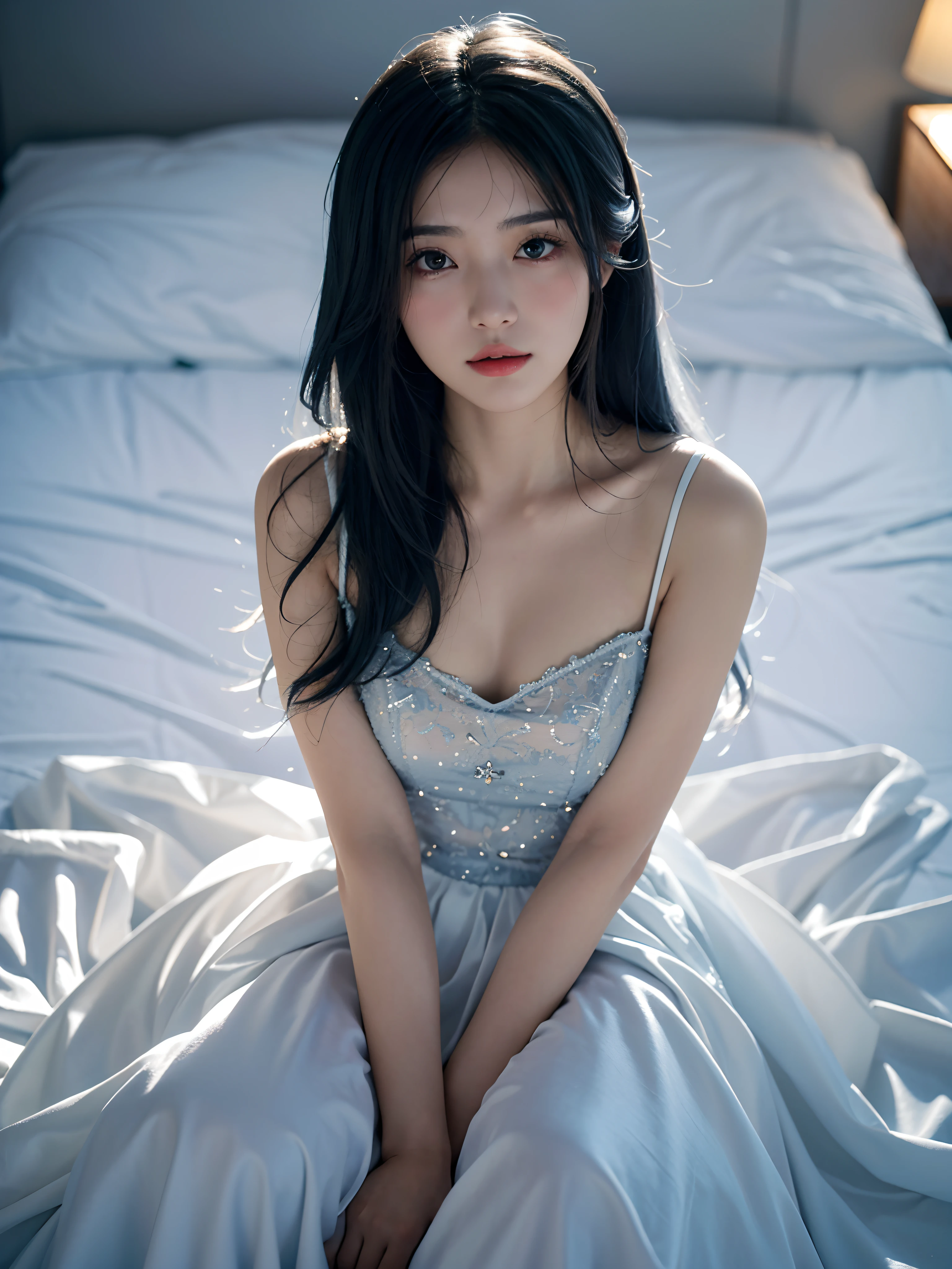 A young girl in a hospital gown, Long black hair hanging loosely, Lie on the bed in the ward, Peripheral medical equipment, The picture shows the hospital rescue scene, Blue eyes,
