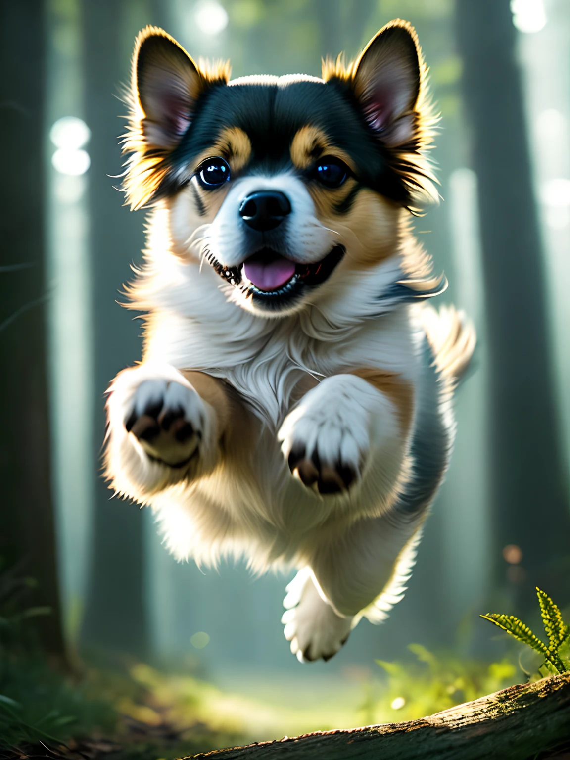 Close-up photo of a very cute jumping puppy in the forest，Soft volumetric light，Backlight 1.3，Movie 1.2，Complicated details，ArtStation 1.3，Rutkowski。