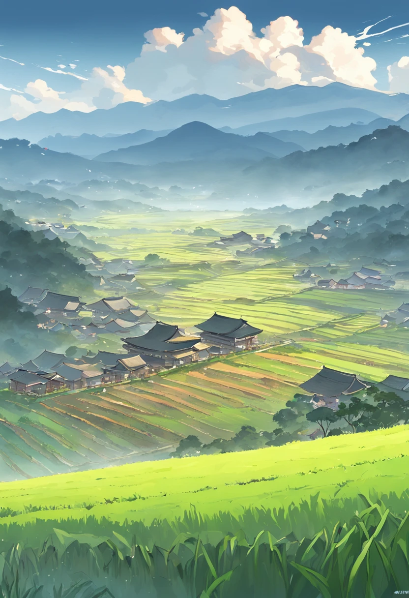 Large expanses of terraced fields, mountains, huts, with rice fields, rice fields, neat rice seedlings in the fields, misty rain, villages, agriculture, in the tranquil landscape, misty weather, in the vast tranquil landscape, in the early morning, in the morning mist, behind a small village, mist, Japanese countryside, thatched roofs --v 6