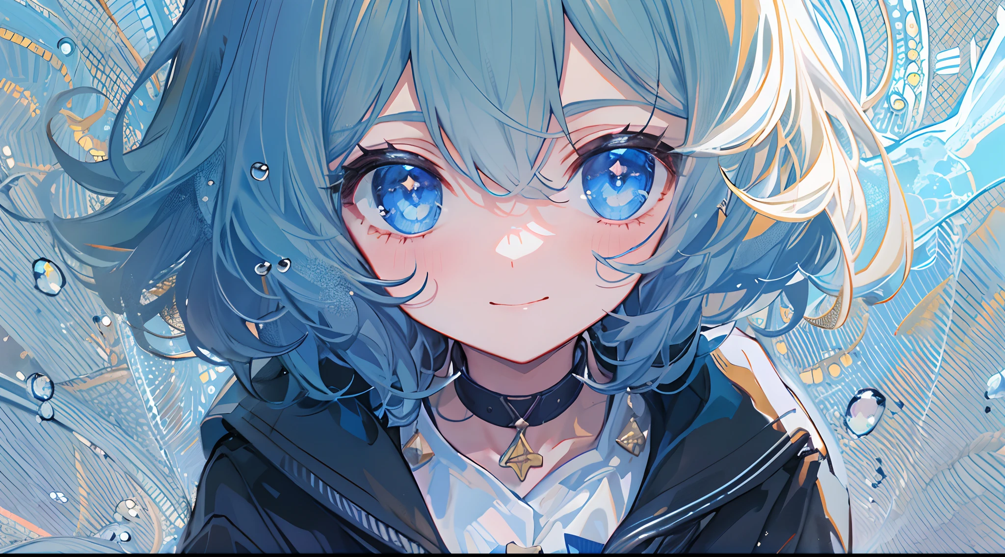 ((top-quality)), ((masterpiece)), ((ultra-detailliert)), (extremely delicate and beautiful), girl with, 独奏, cold attitude,((Black jacket)),She is very(relax)with the(Settled down)Looks,A dark-haired, depth of fields,evil smile,Bubble, under the water, Air bubble,bright light blue eyes,Inner color with light blue hair and dark blue tips,Cold background,Bob Hair - Linear Art, shortpants、knee high socks、White uniform like school uniform、Light blue ribbon ties、Clothes are sheer、Hands in pockets